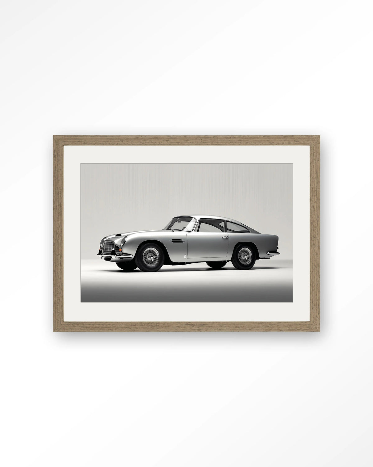 Silver Ride – zilveren klassieke sportwagen – Art print – Hout bruin + passe-partout