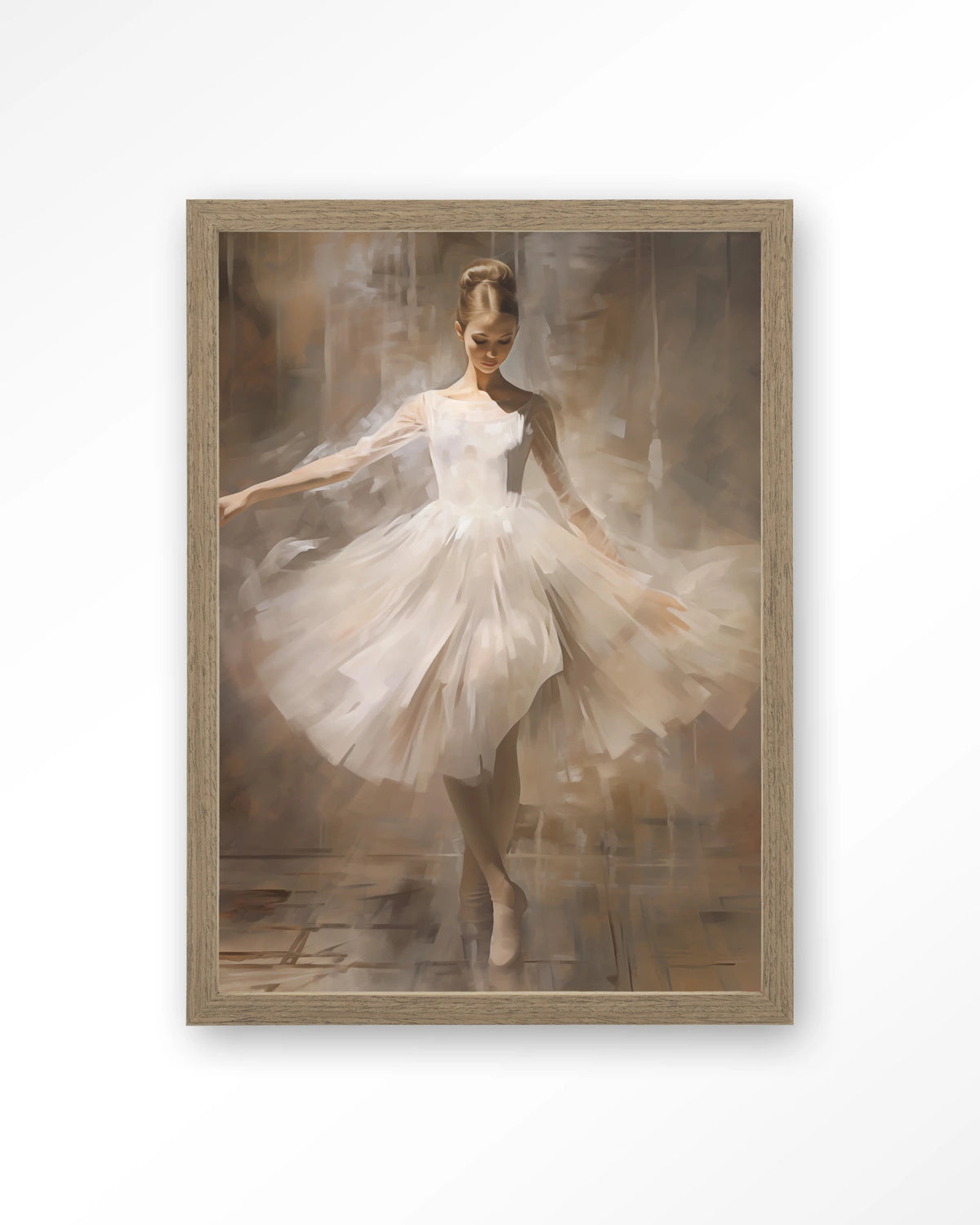 Dancing Ballerina – ballerina in witte tutu – Art print – Hout bruin