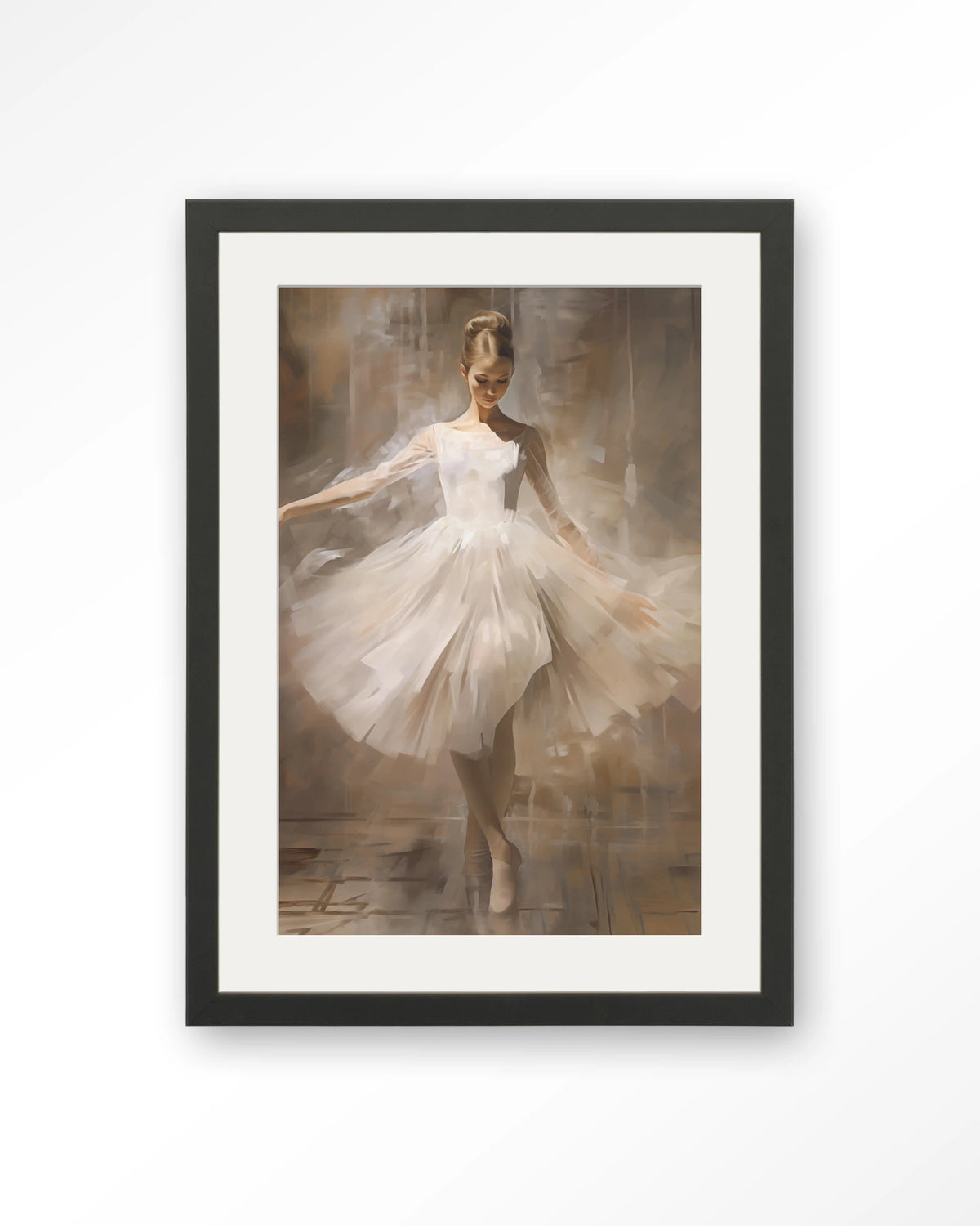 Dancing Ballerina – ballerina in witte tutu – Art print – Hout zwart + passe-partout