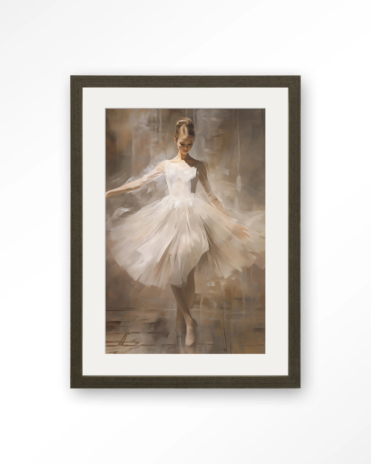 Dancing Ballerina – ballerina in witte tutu – Art print – Hout donkerbruin + passe-partout
