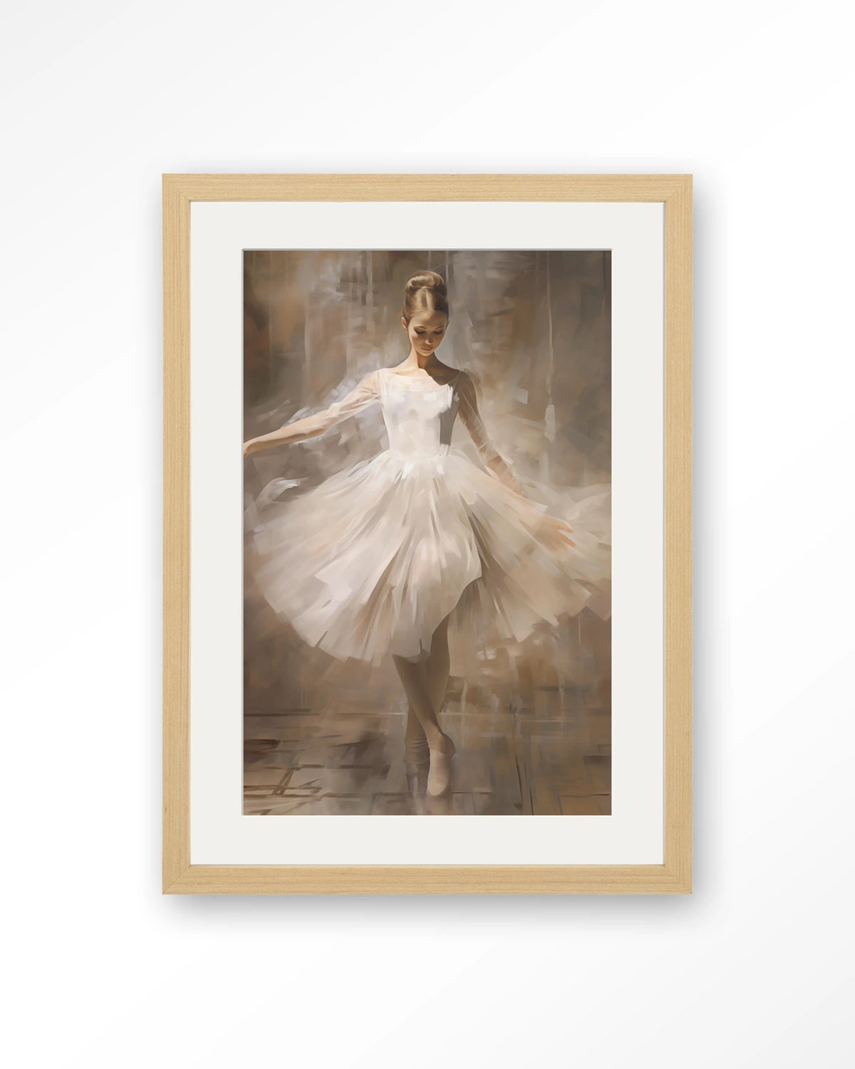 Dancing Ballerina – ballerina in witte tutu – Art print – Hout naturel + passe-partout