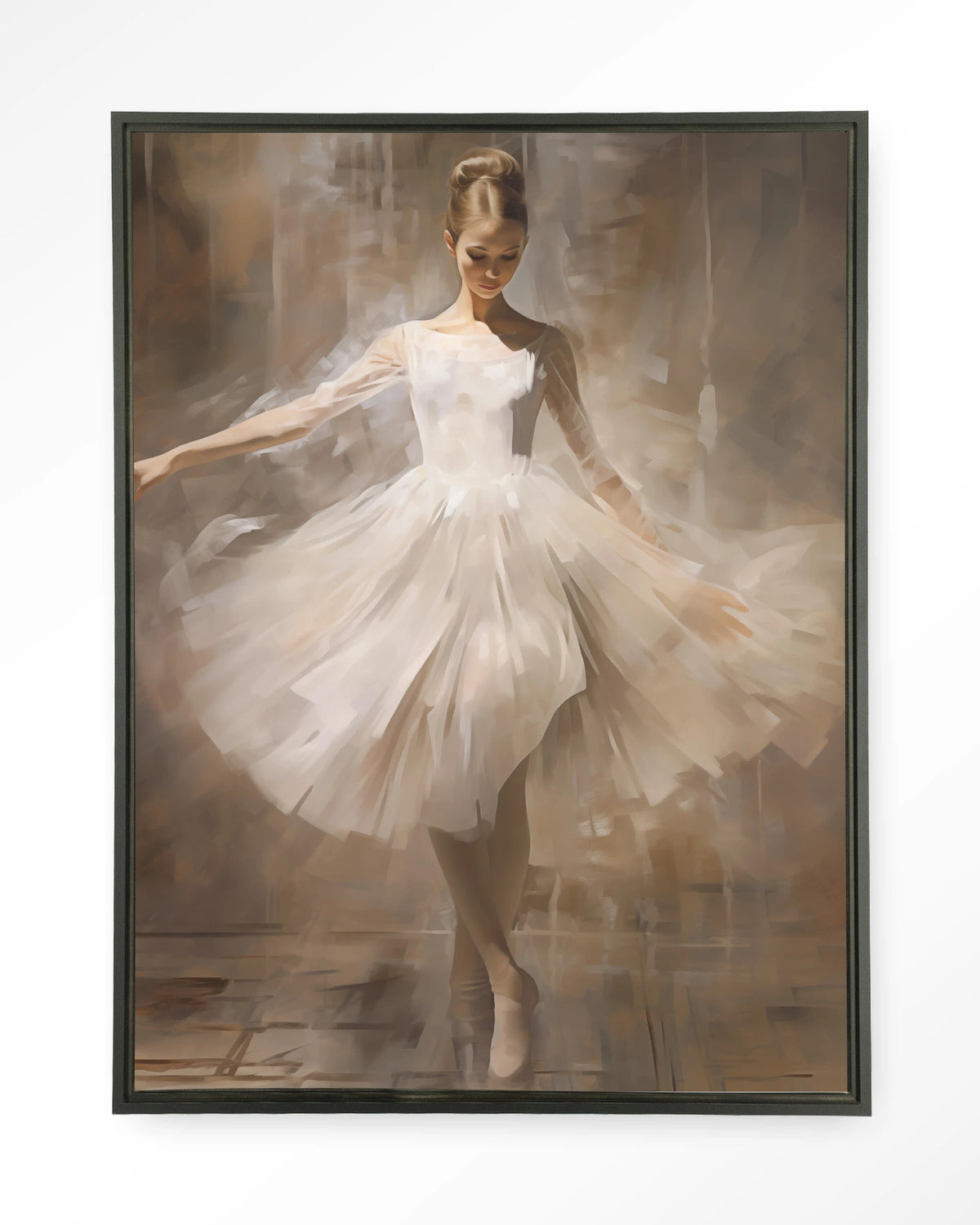 Dancing Ballerina – ballerina in witte tutu – Wandkleed – Floating frame – zwart