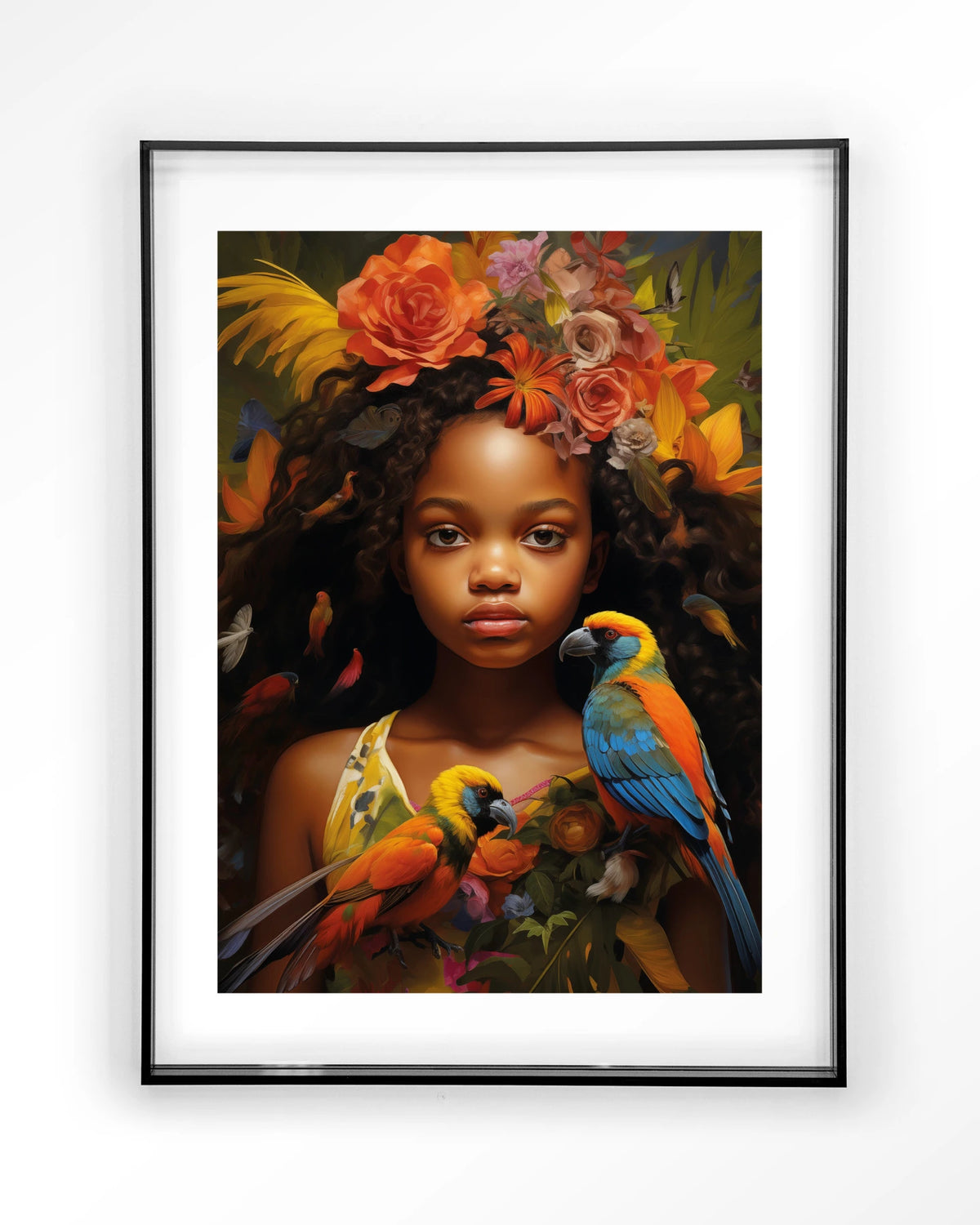 Omobola – meisje met papegaaien en bloemen – Art print – Acryl zwart