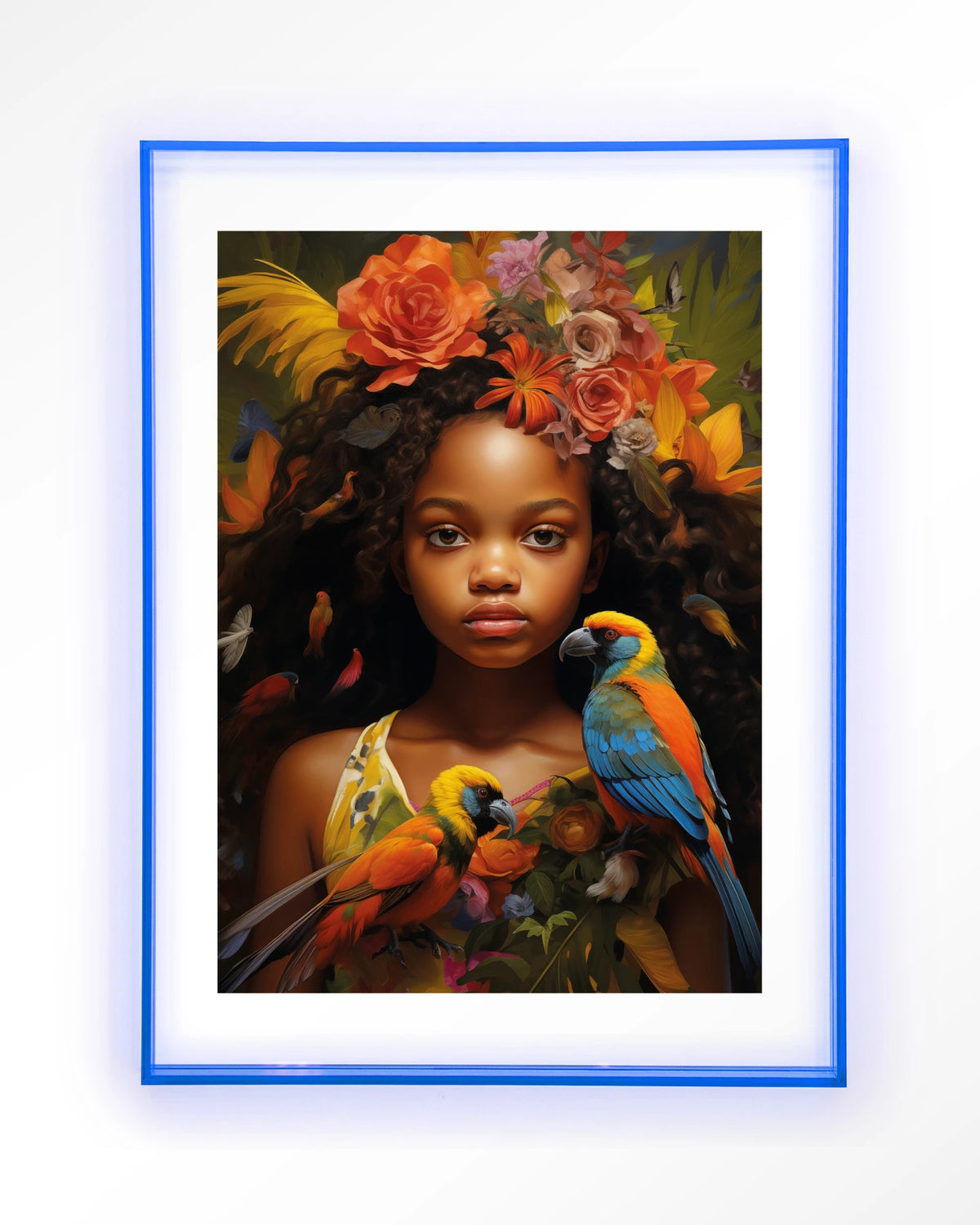 Omobola – meisje met papegaaien en bloemen – Art print – Acryl lichtblauw