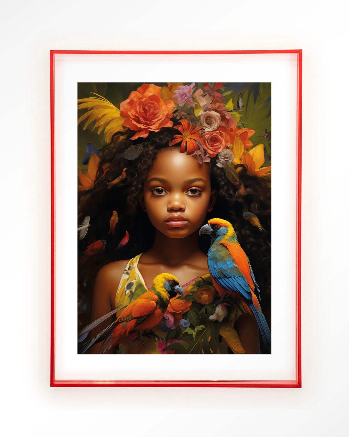 Omobola – meisje met papegaaien en bloemen – Art print – Acryl roze