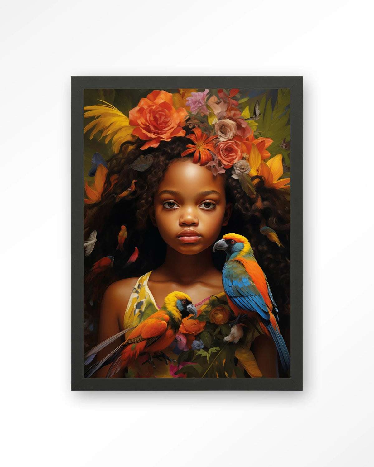 Omobola – meisje met papegaaien en bloemen – Art print – Hout zwart