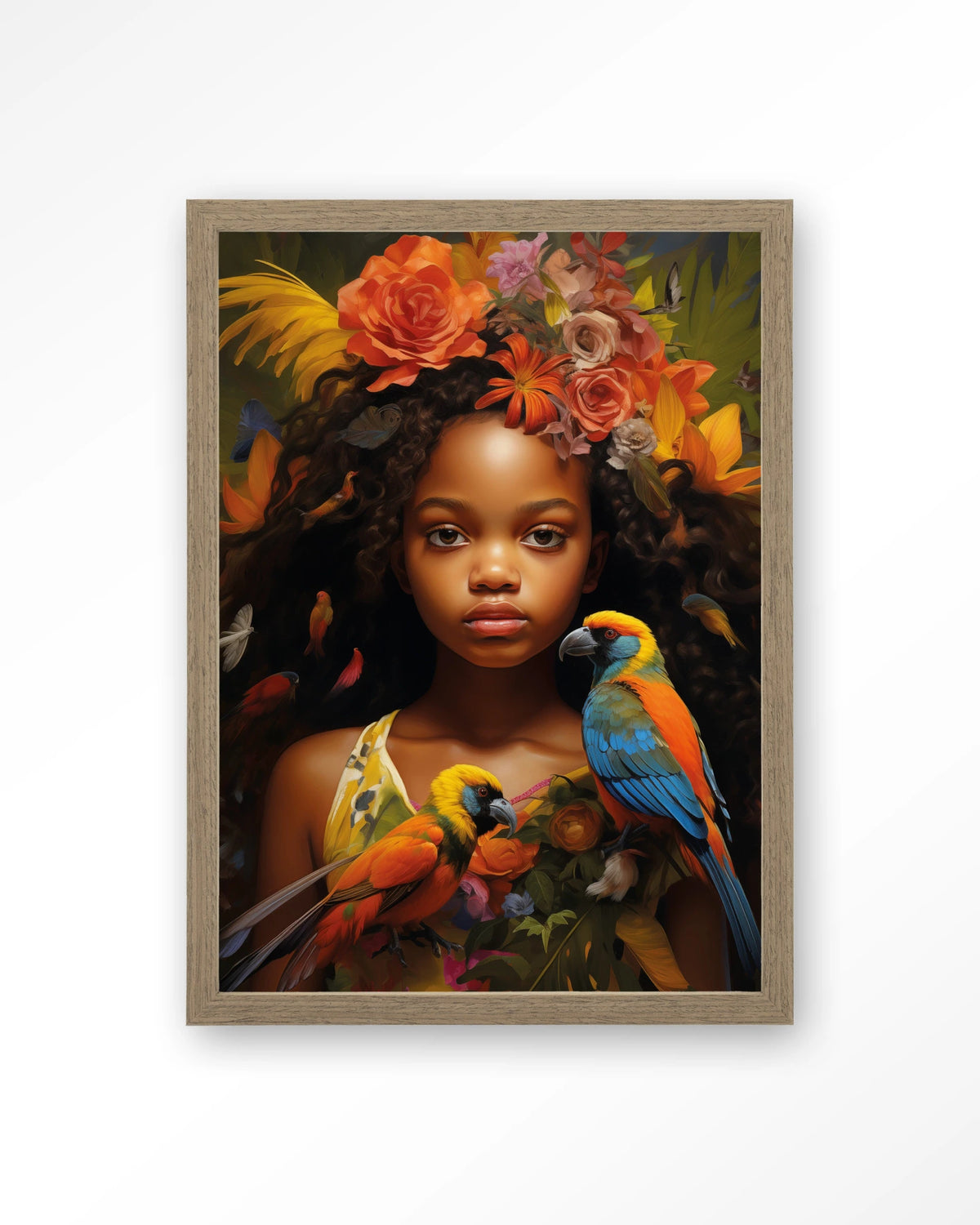 Omobola – meisje met papegaaien en bloemen – Art print – Hout bruin