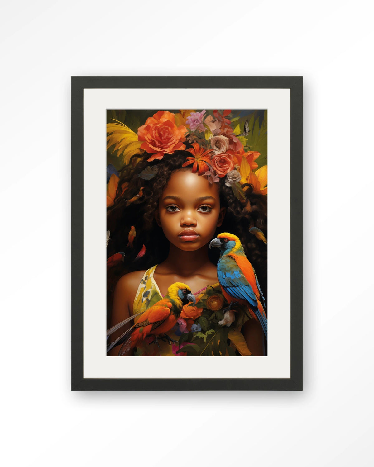 Omobola – meisje met papegaaien en bloemen – Art print – Hout zwart + passe-partout