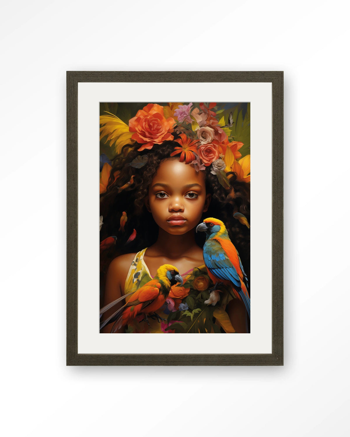 Omobola – meisje met papegaaien en bloemen – Art print – Hout donkerbruin + passe-partout