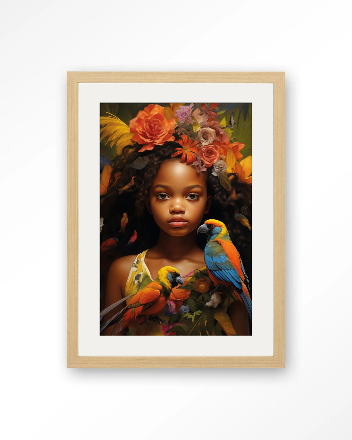 Omobola – meisje met papegaaien en bloemen – Art print – Hout naturel + passe-partout