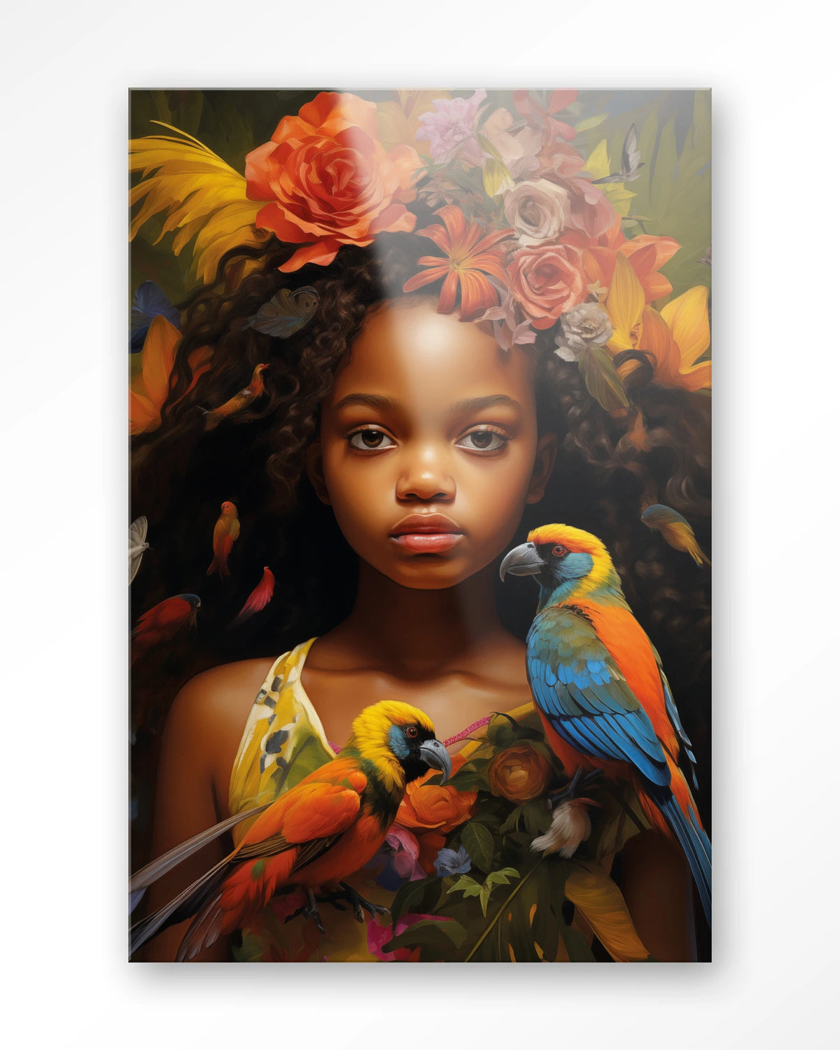 Omobola – meisje met papegaaien en bloemen – Glas – Blinde montage