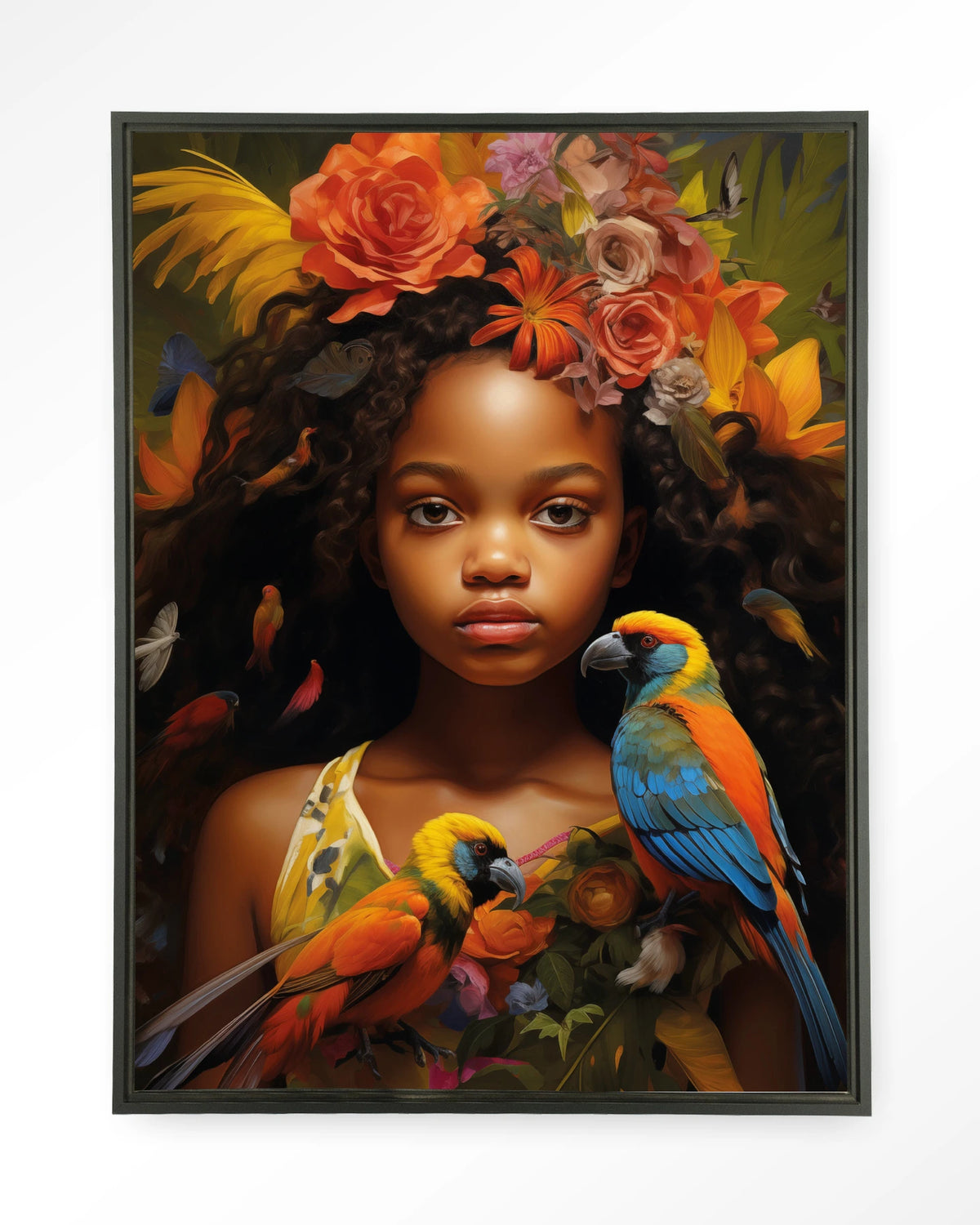 Omobola – meisje met papegaaien en bloemen – Wandkleed – Floating frame – zwart