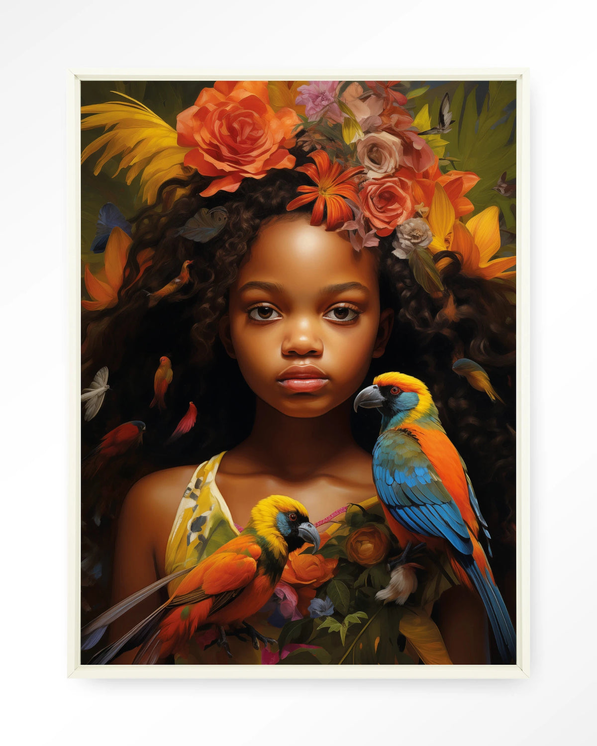 Omobola – meisje met papegaaien en bloemen – Wandkleed – Floating frame – wit