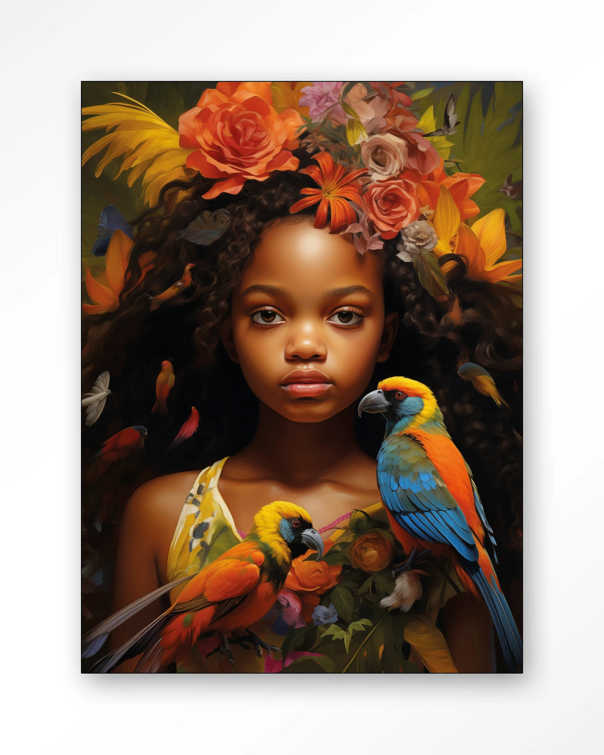 Omobola – meisje met papegaaien en bloemen – Wandkleed – Frame – zwart