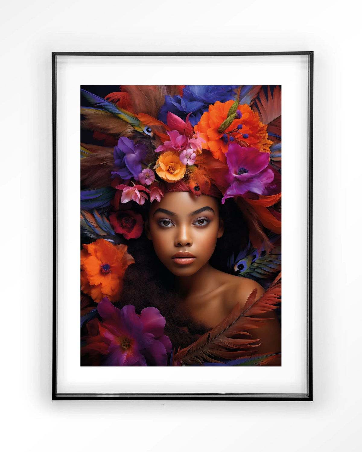 Adunbi – portret van een vrouw met bloemenkroon – Art print – Acryl zwart