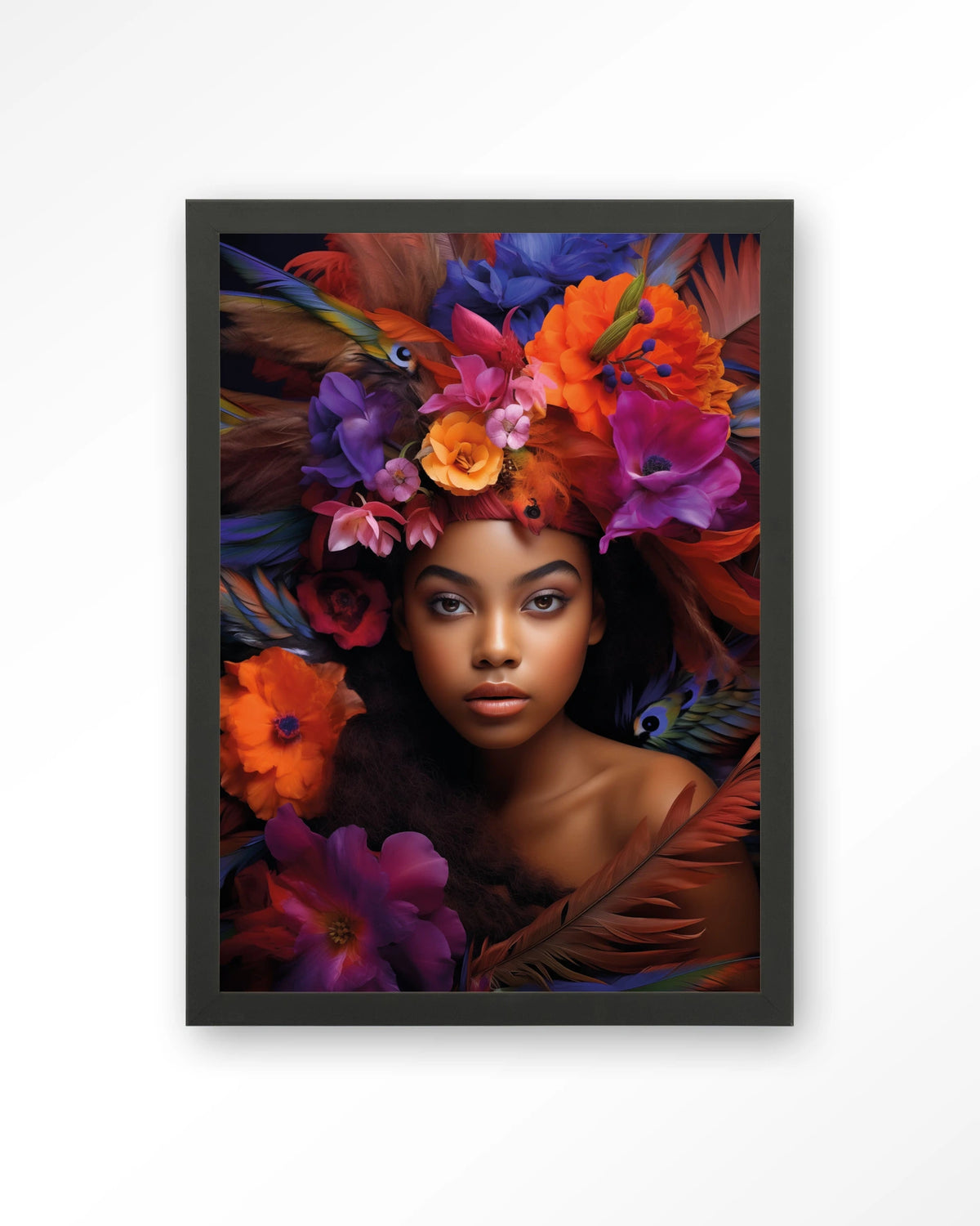 Adunbi – portret van een vrouw met bloemenkroon – Art print – Hout zwart
