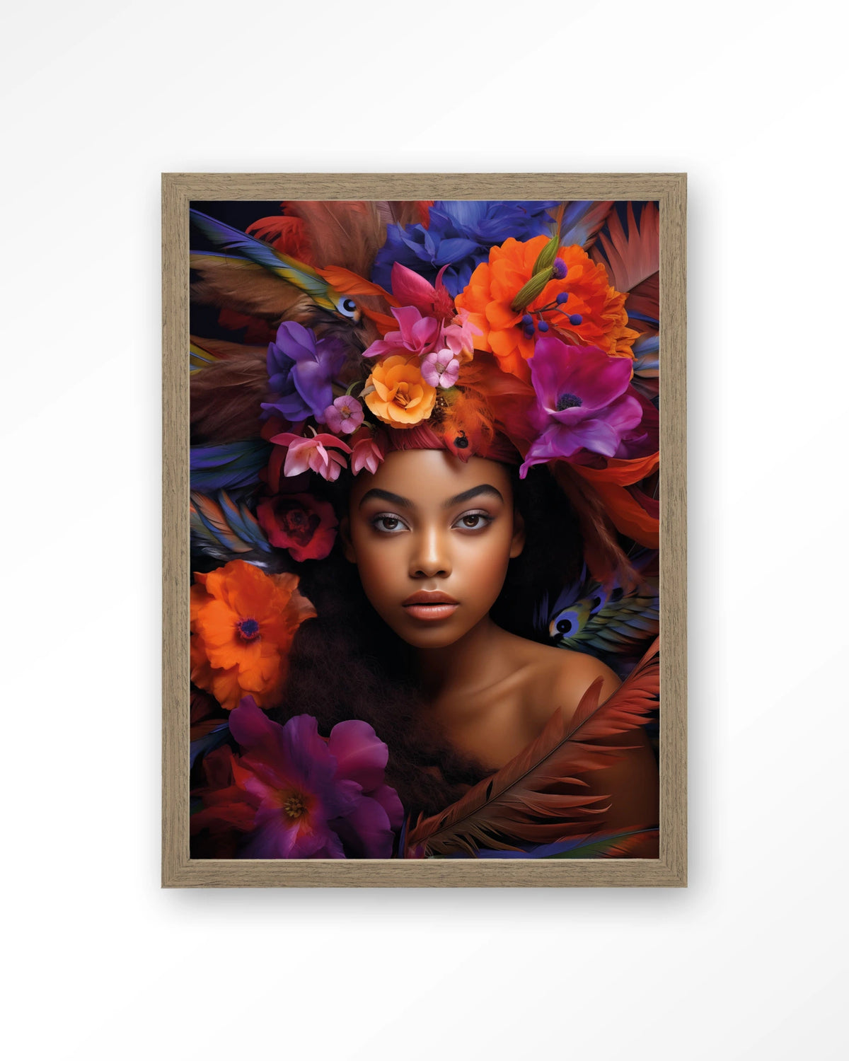 Adunbi – portret van een vrouw met bloemenkroon – Art print – Hout bruin