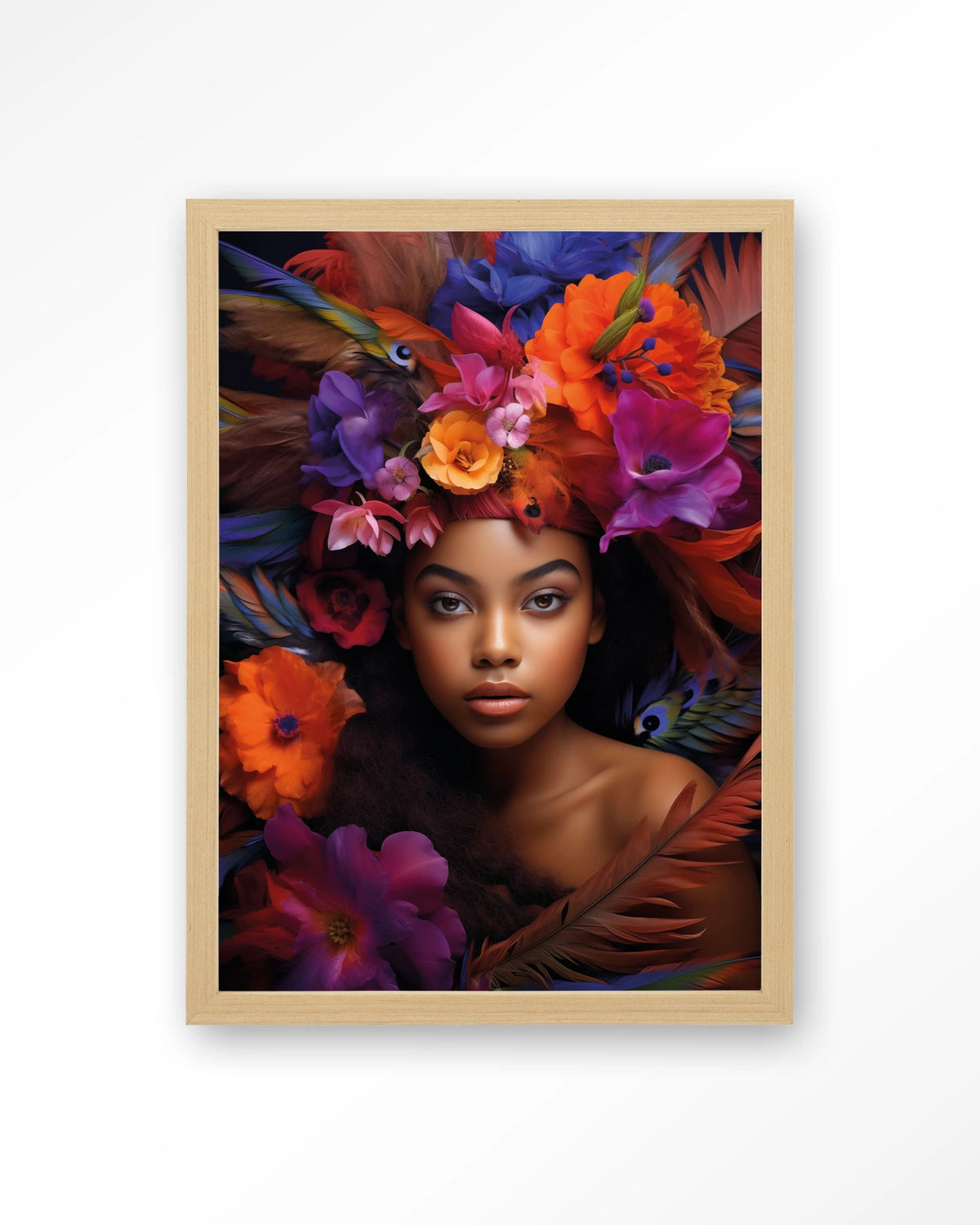 Adunbi – portret van een vrouw met bloemenkroon – Art print – Hout naturel