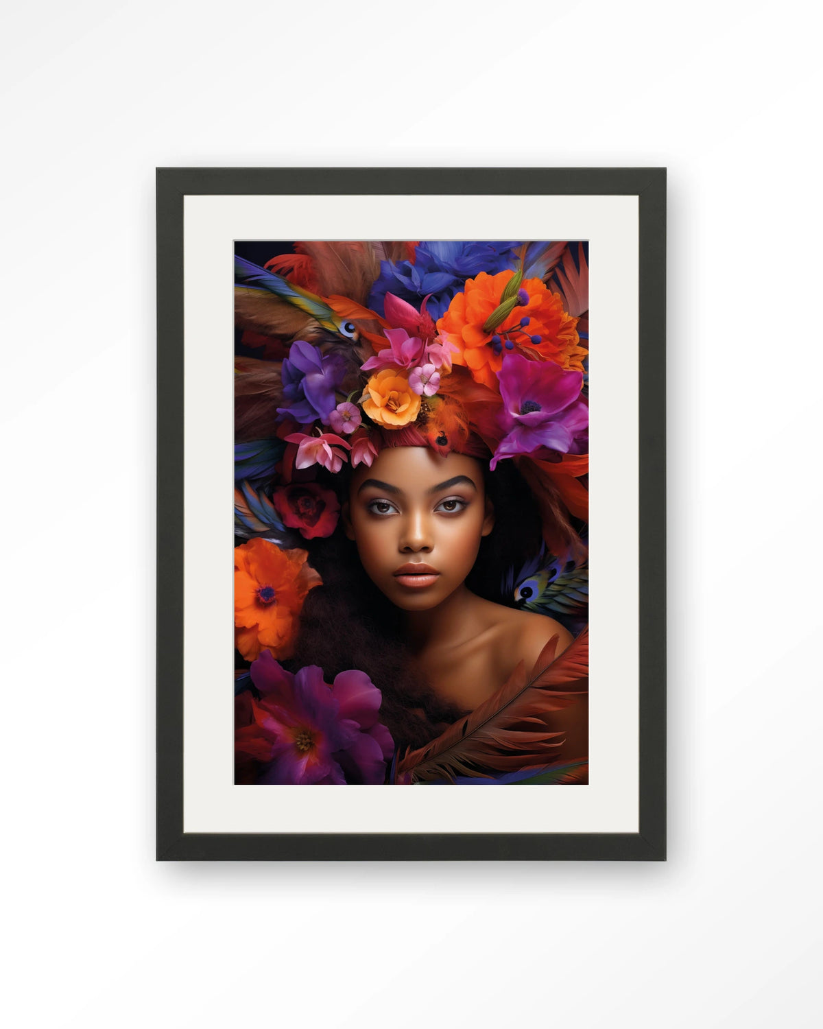 Adunbi – portret van een vrouw met bloemenkroon – Art print – Hout zwart + passe-partout