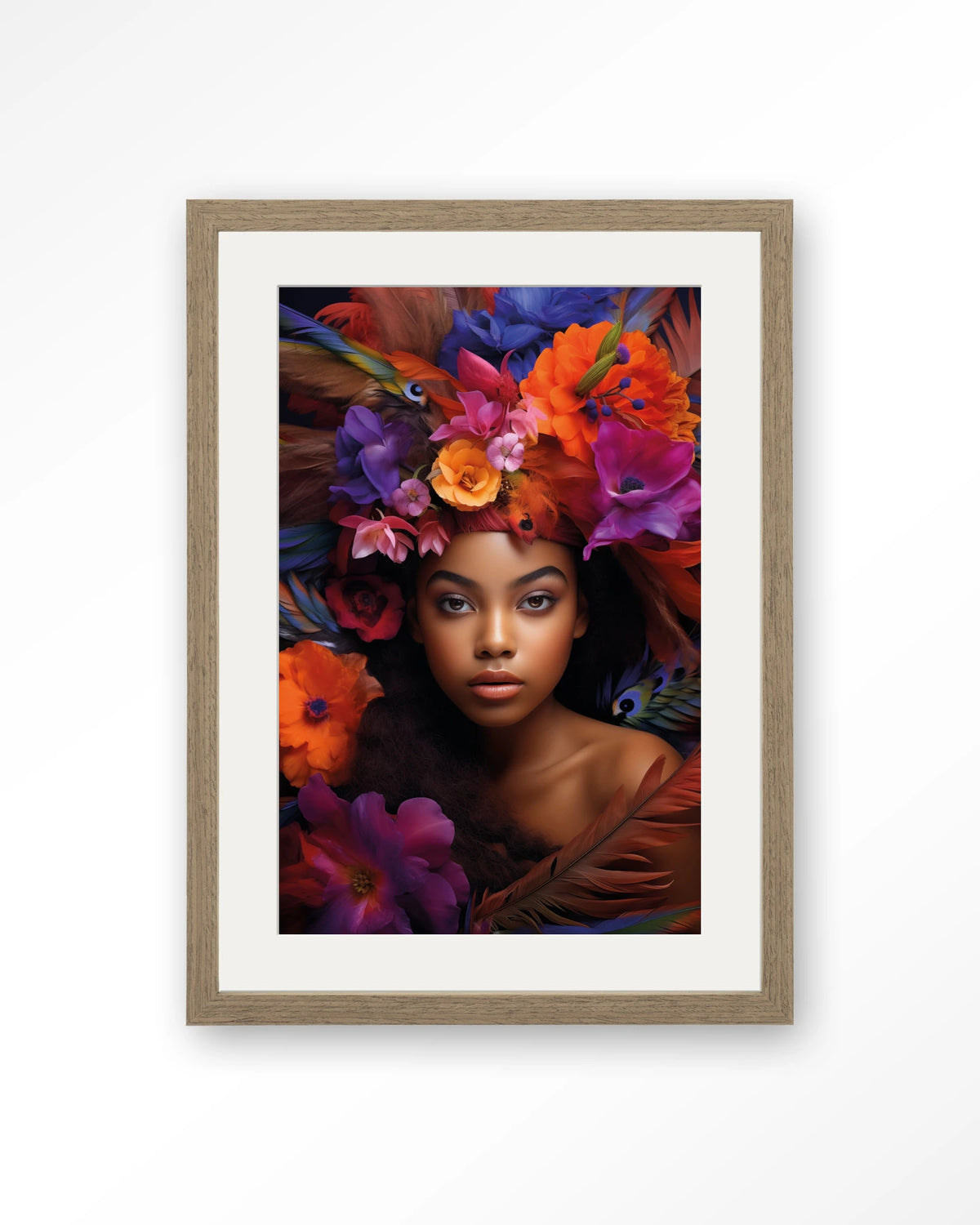 Adunbi – portret van een vrouw met bloemenkroon – Art print – Hout bruin + passe-partout