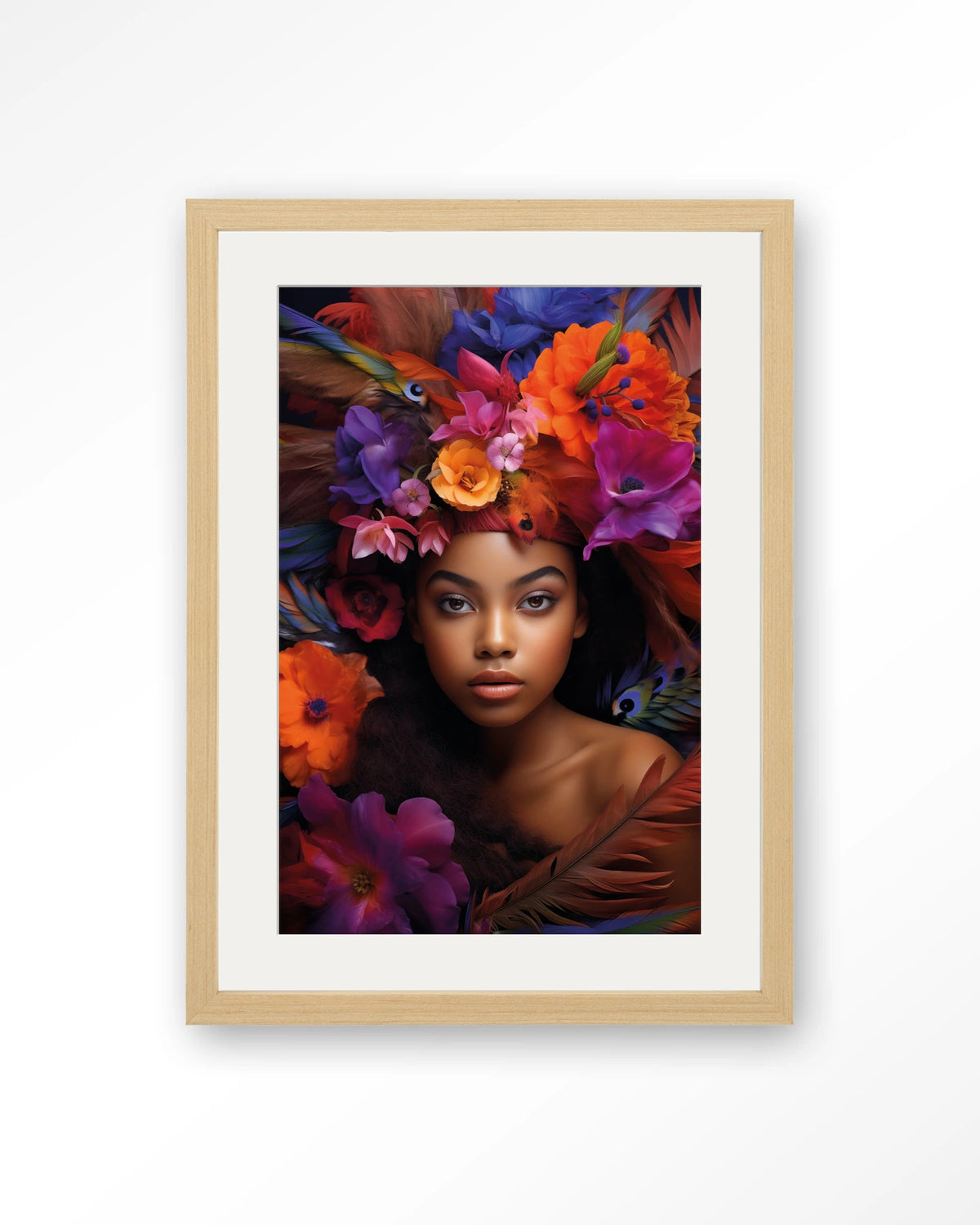 Adunbi – portret van een vrouw met bloemenkroon – Art print – Hout naturel + passe-partout