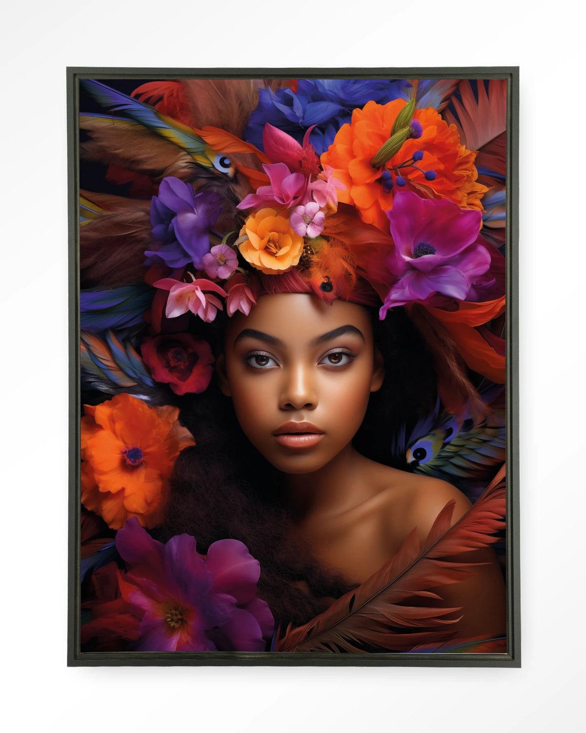 Adunbi – portret van een vrouw met bloemenkroon – Wandkleed – Floating frame – zwart