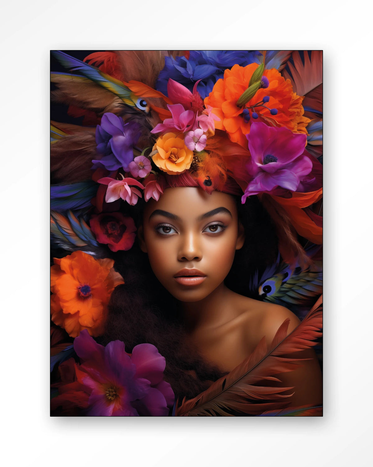 Adunbi – portret van een vrouw met bloemenkroon – Wandkleed – Frame – zwart