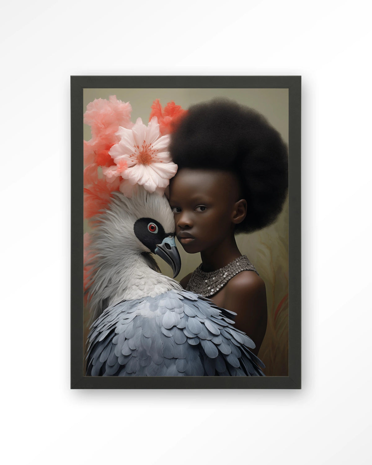 Reye – meisje met vogel en bloemen – Art print – Hout zwart