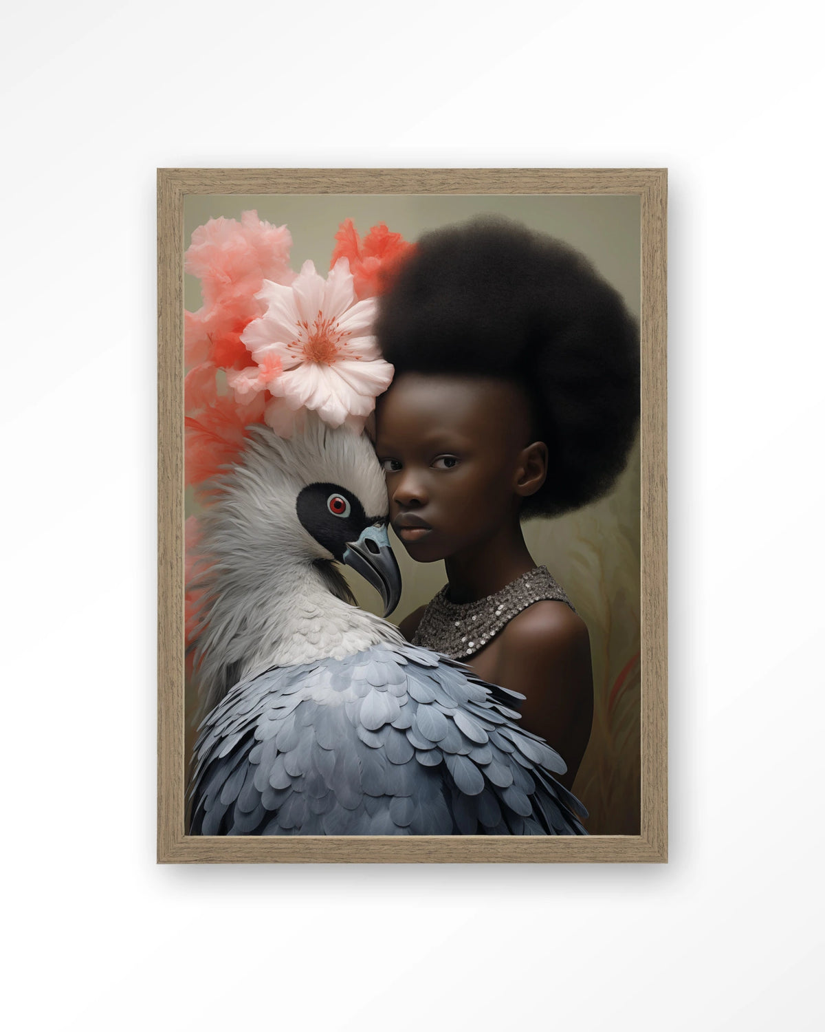 Reye – meisje met vogel en bloemen – Art print – Hout bruin