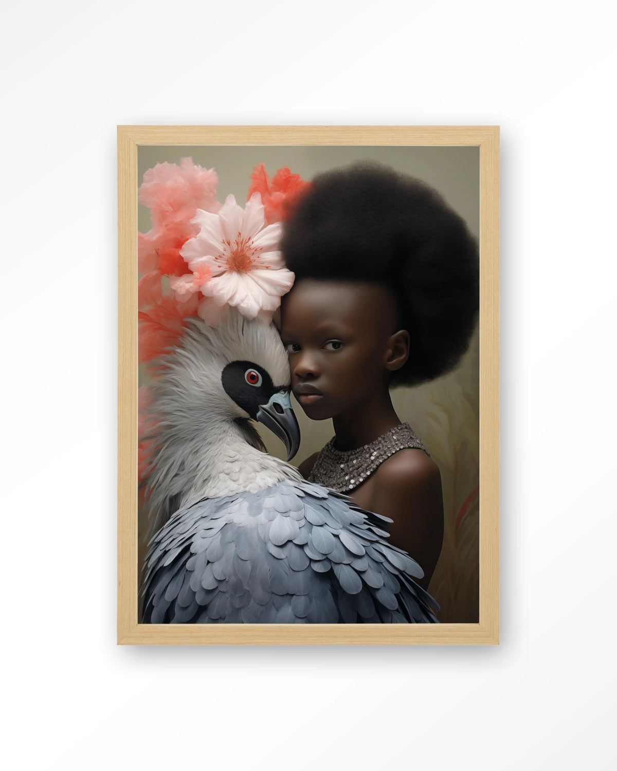 Reye – meisje met vogel en bloemen – Art print – Hout naturel