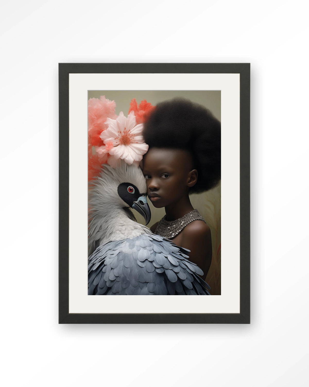 Reye – meisje met vogel en bloemen – Art print – Hout zwart + passe-partout