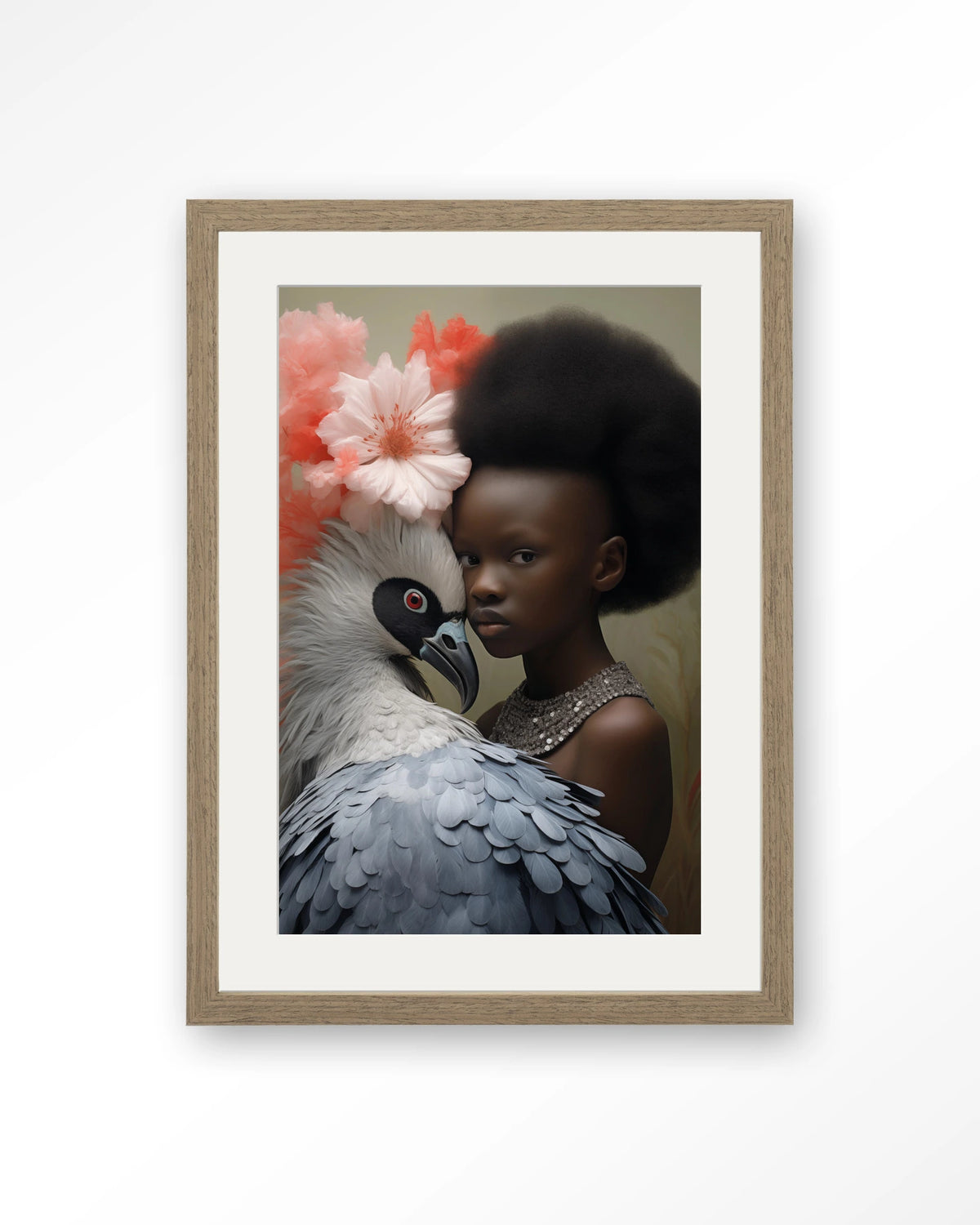 Reye – meisje met vogel en bloemen – Art print – Hout bruin + passe-partout