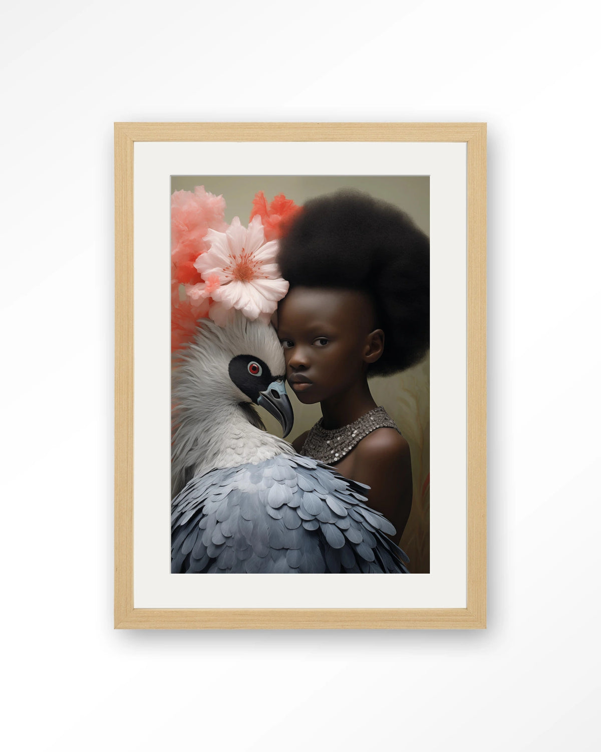 Reye – meisje met vogel en bloemen – Art print – Hout naturel + passe-partout