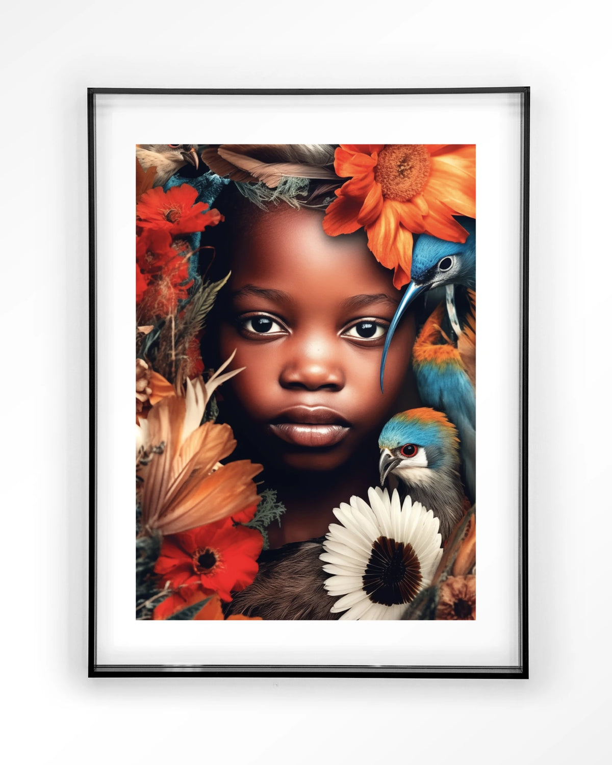 Paradise Bird – kind met vogels en bloemen – Art print – Acryl zwart