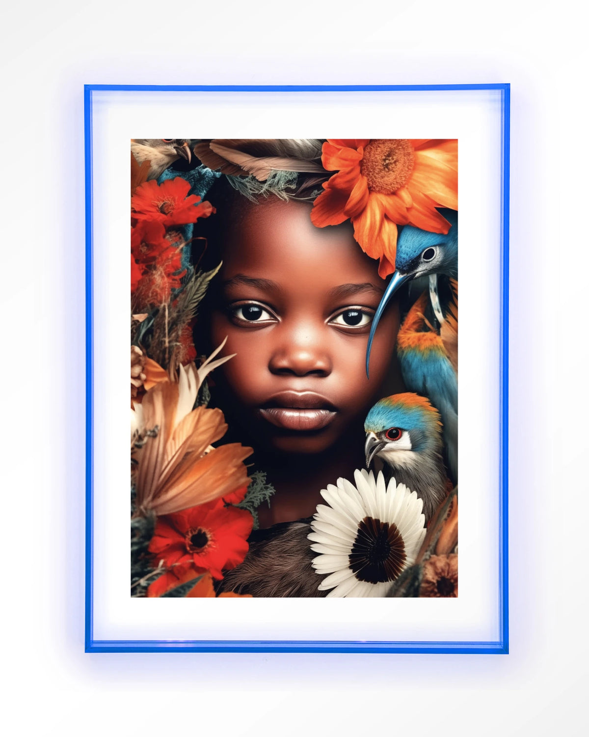 Paradise Bird – kind met vogels en bloemen – Art print – Acryl lichtblauw