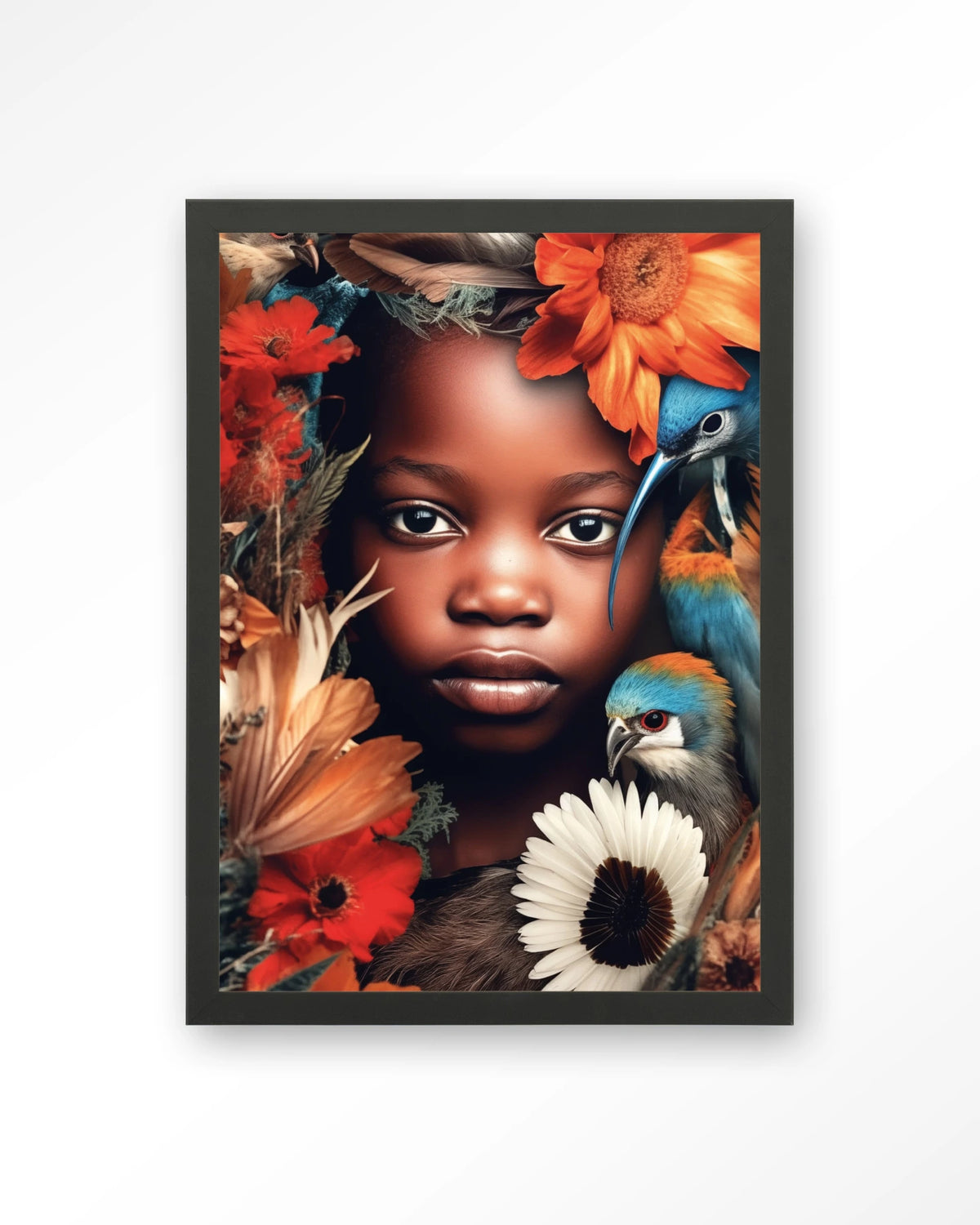 Paradise Bird – kind met vogels en bloemen – Art print – Hout zwart