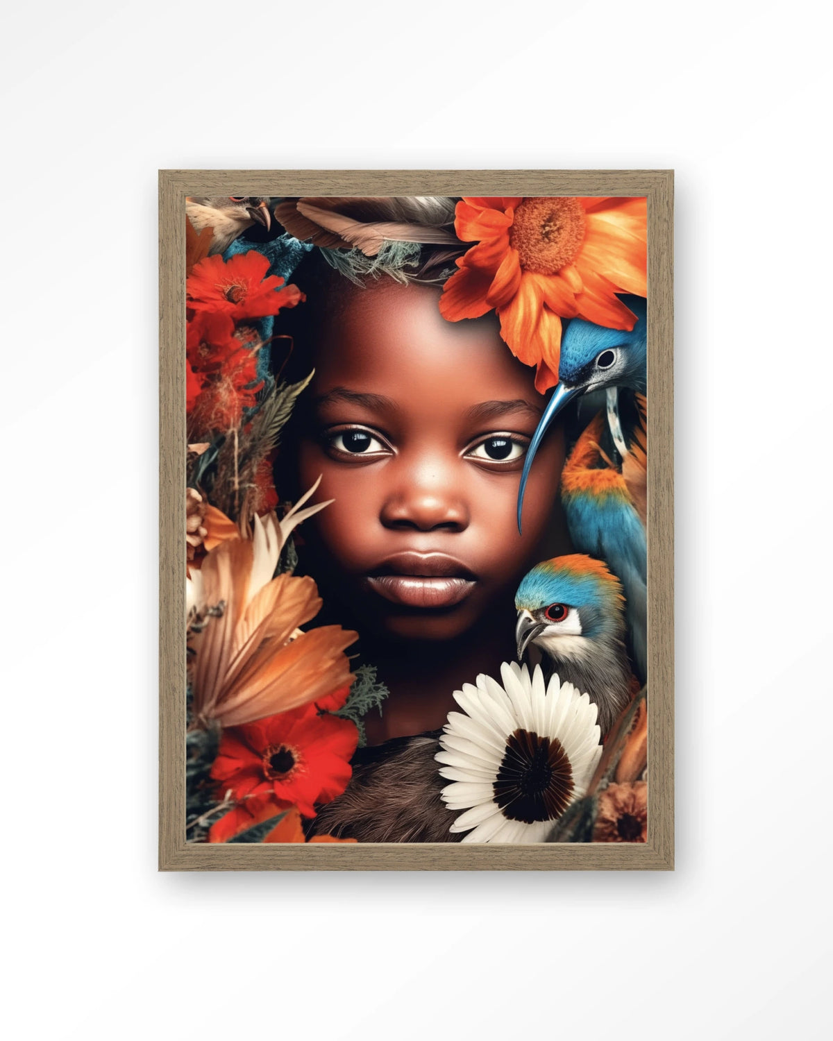 Paradise Bird – kind met vogels en bloemen – Art print – Hout bruin