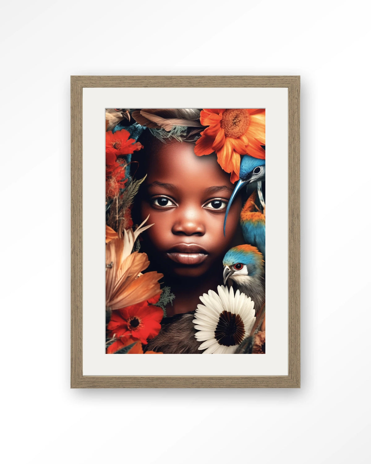 Paradise Bird – kind met vogels en bloemen – Art print – Hout bruin + passe-partout