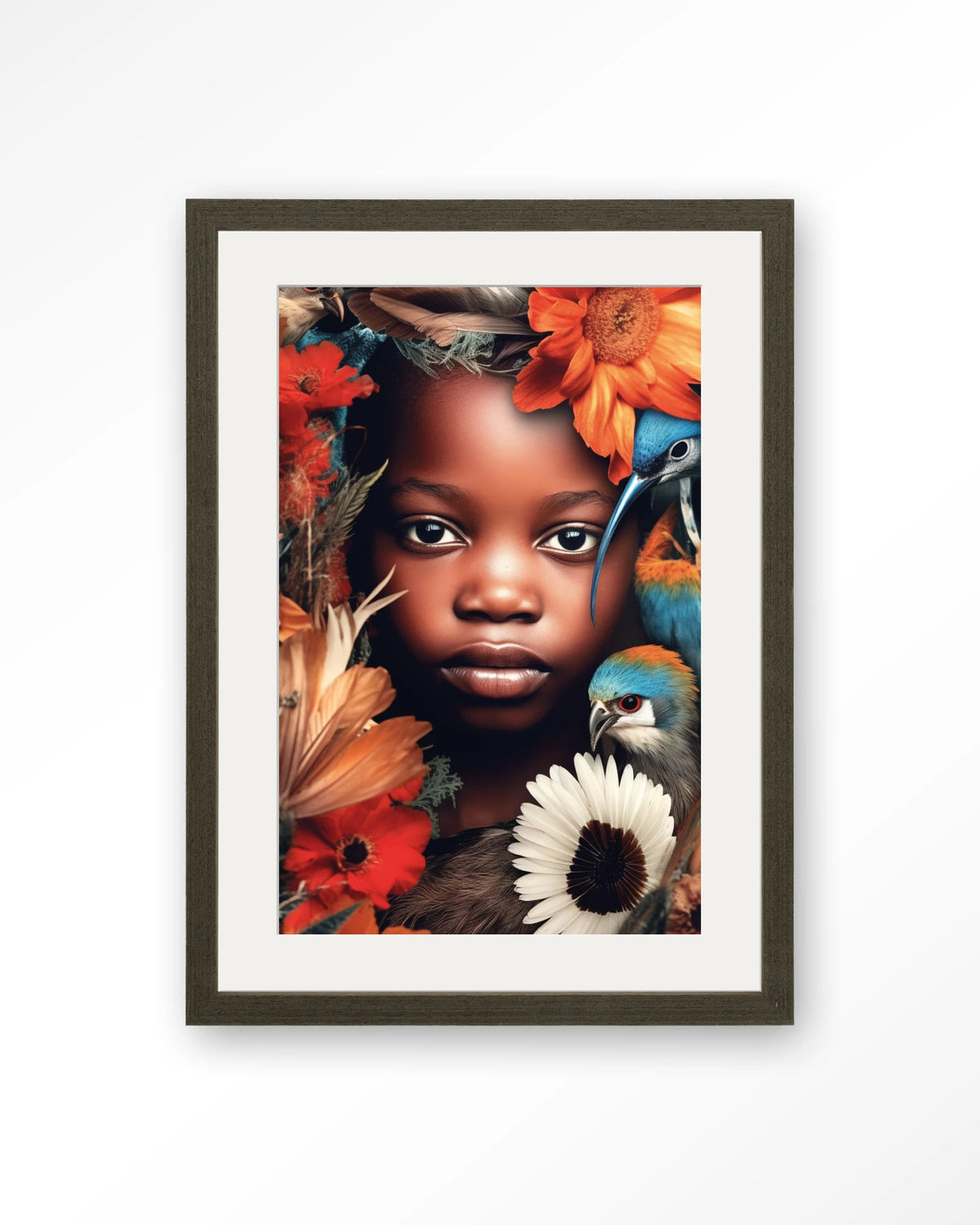 Paradise Bird – kind met vogels en bloemen – Art print – Hout donkerbruin + passe-partout