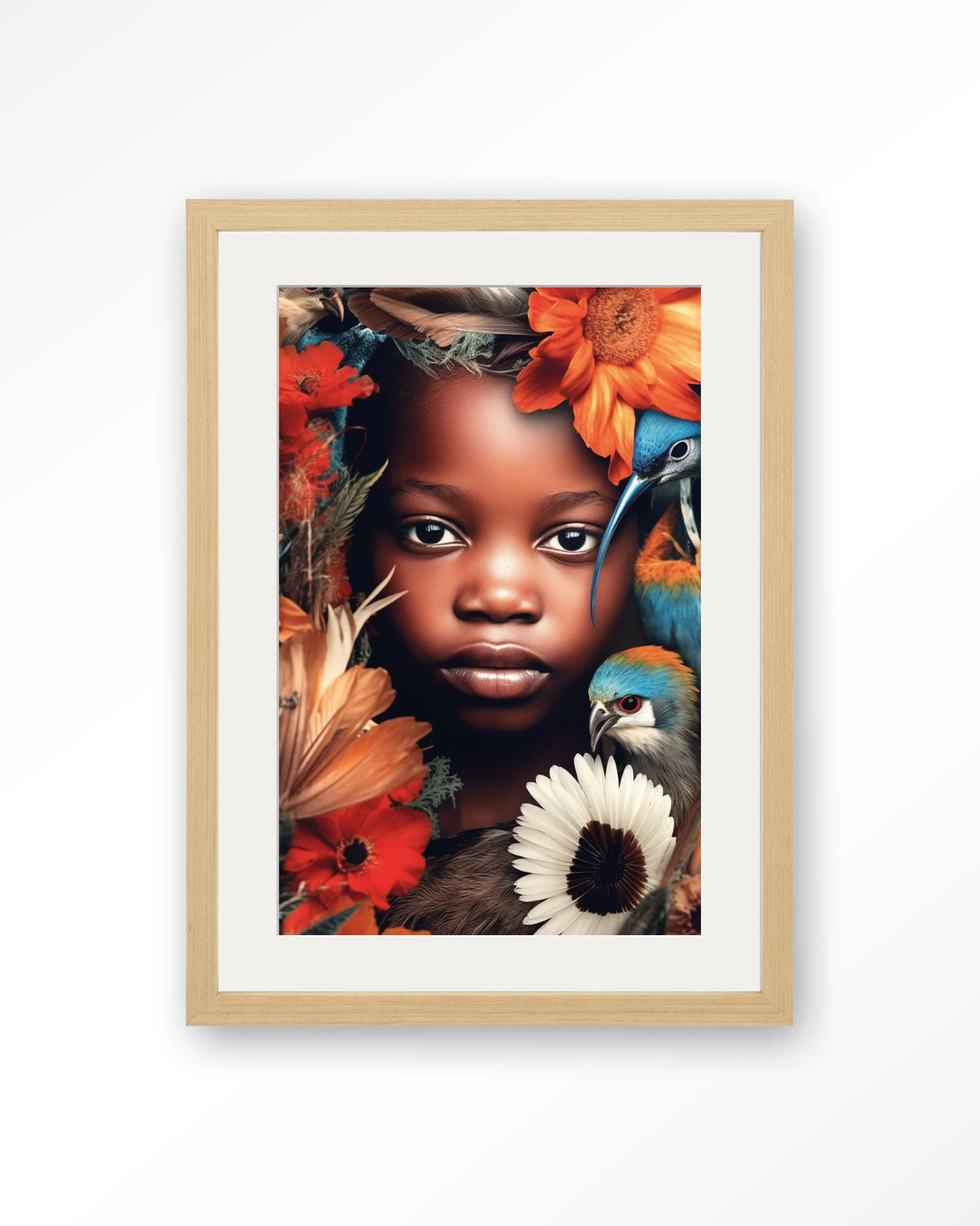 Paradise Bird – kind met vogels en bloemen – Art print – Hout naturel + passe-partout