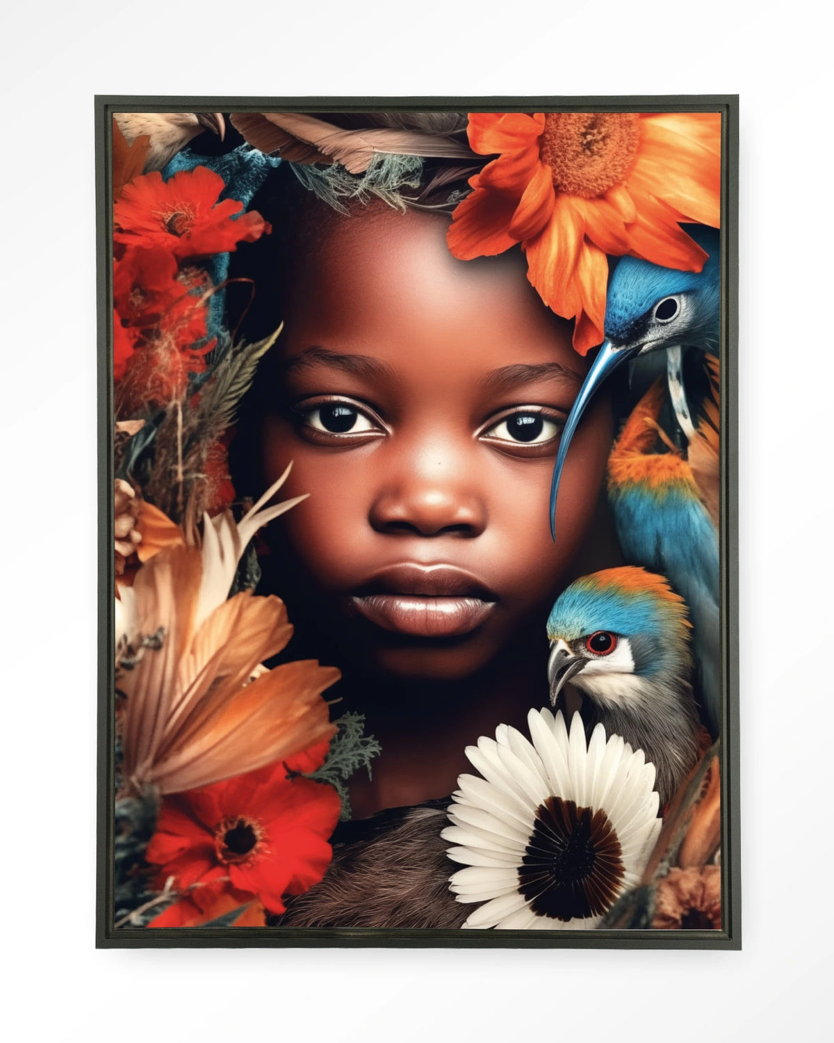 Paradise Bird – kind met vogels en bloemen – Wandkleed – Floating frame – zwart