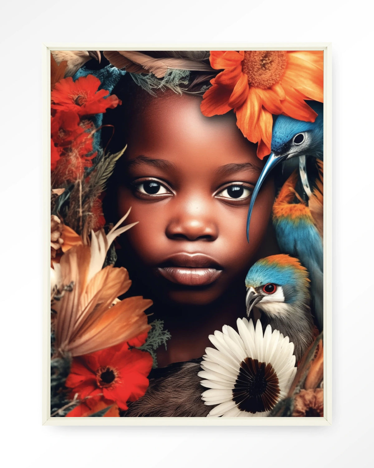 Paradise Bird – kind met vogels en bloemen – Wandkleed – Floating frame – wit