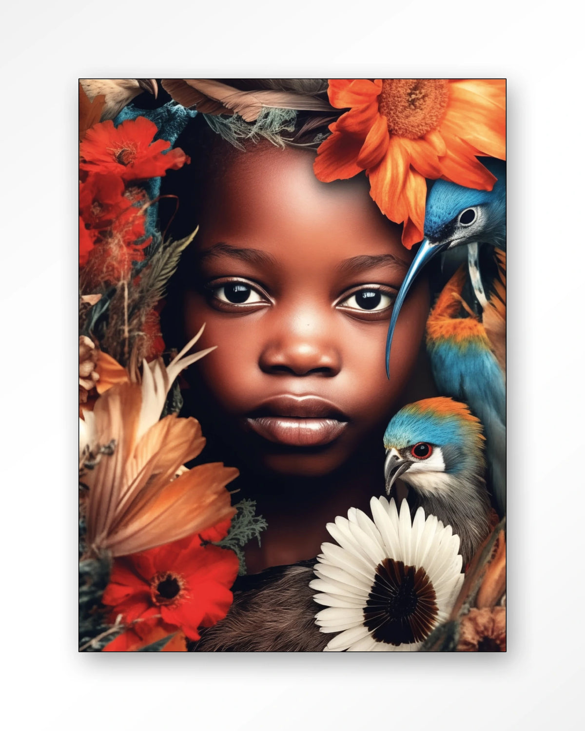 Paradise Bird – kind met vogels en bloemen – Wandkleed – Frame – zwart
