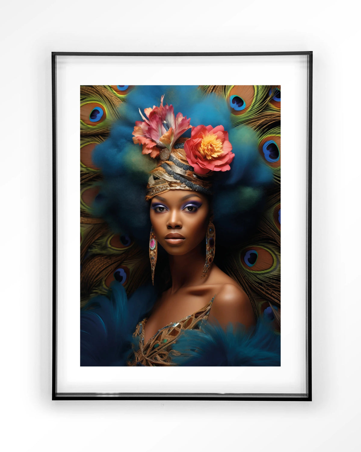 Maua – vrouw met pauwenveren – Art print – Acryl zwart