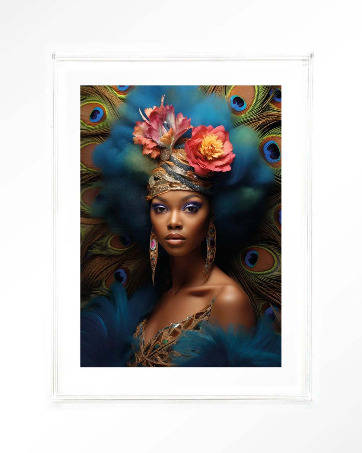 Maua – vrouw met pauwenveren – Art print – Acryl doorzichtig