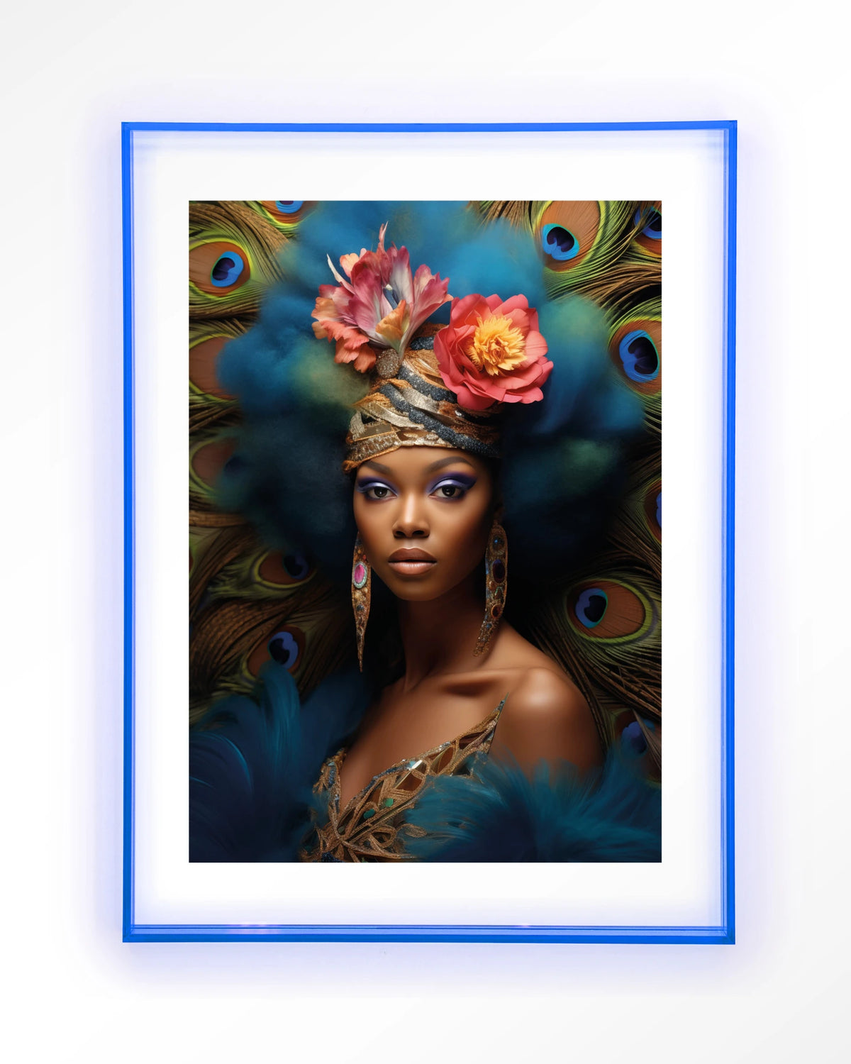 Maua – vrouw met pauwenveren – Art print – Acryl lichtblauw