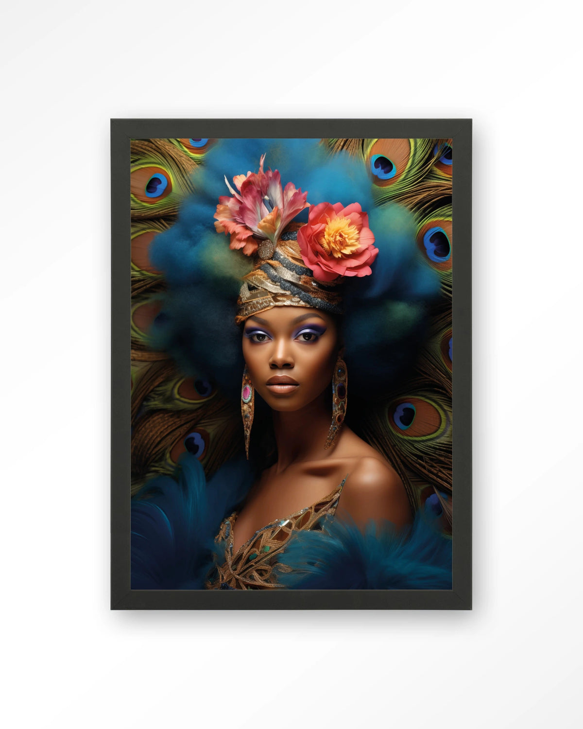Maua – vrouw met pauwenveren – Art print – Hout zwart