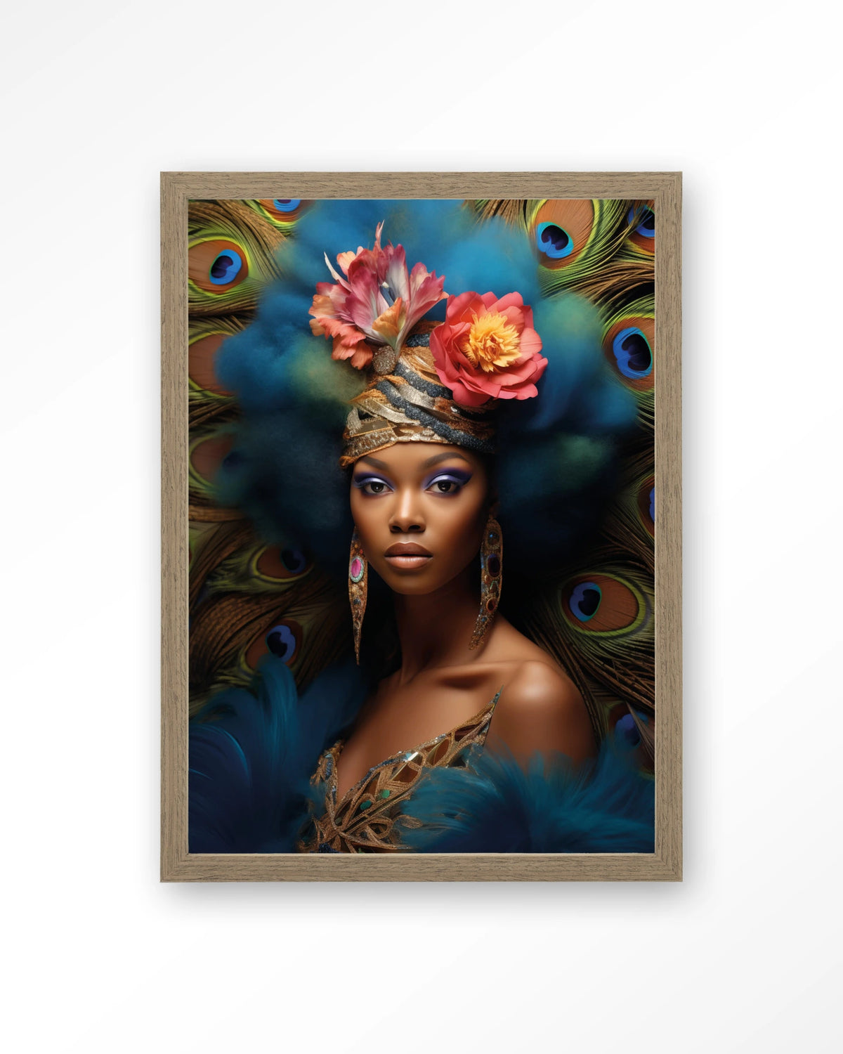 Maua – vrouw met pauwenveren – Art print – Hout bruin