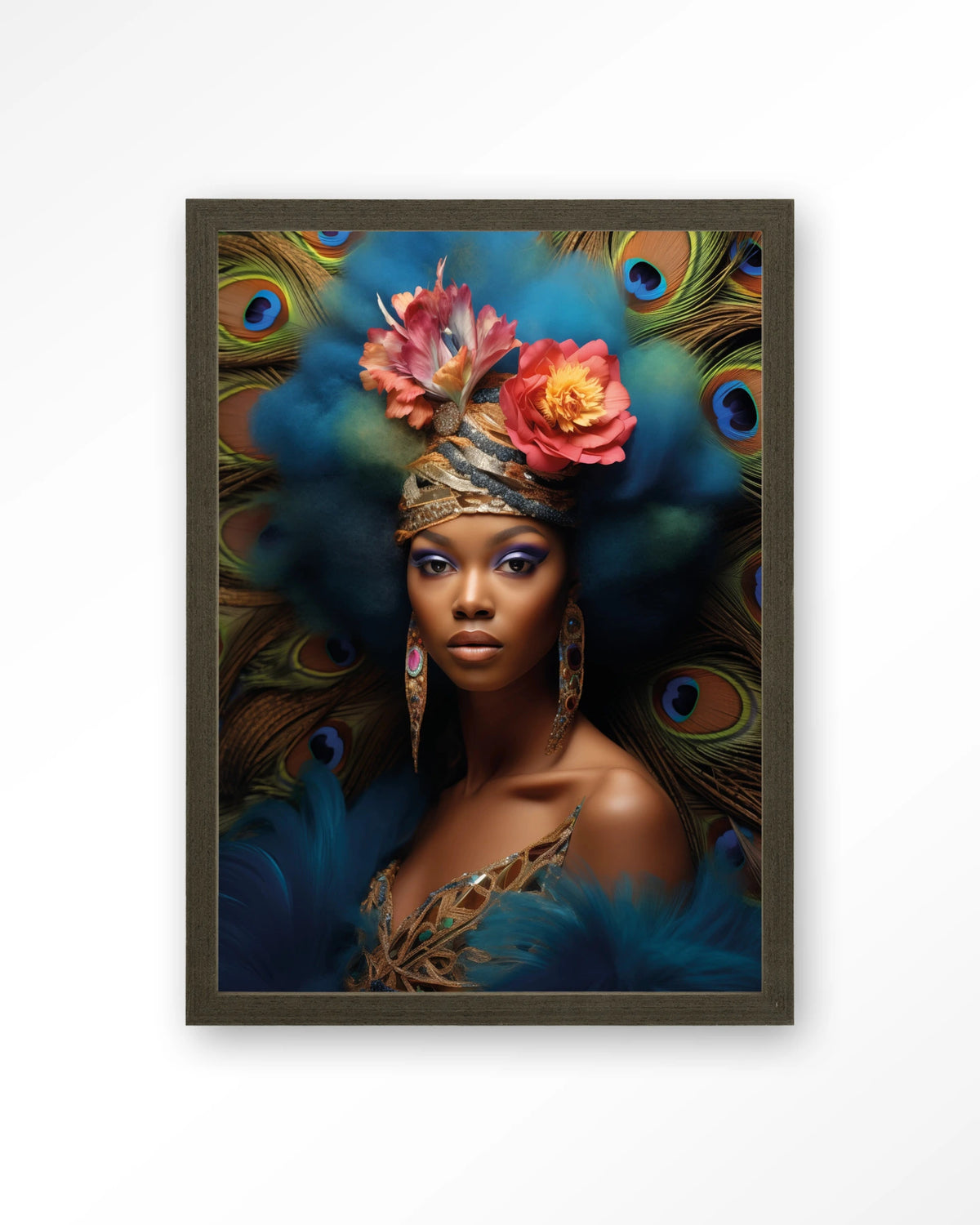 Maua – vrouw met pauwenveren – Art print – Hout donkerbruin