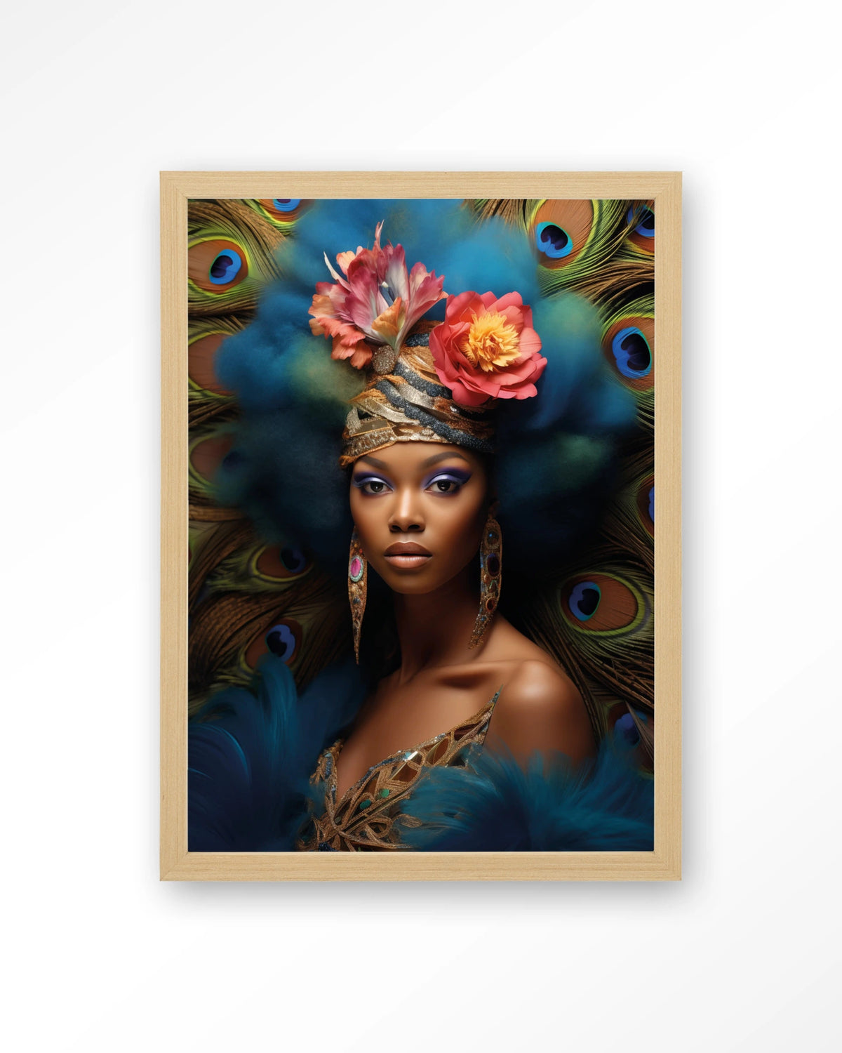 Maua – vrouw met pauwenveren – Art print – Hout naturel